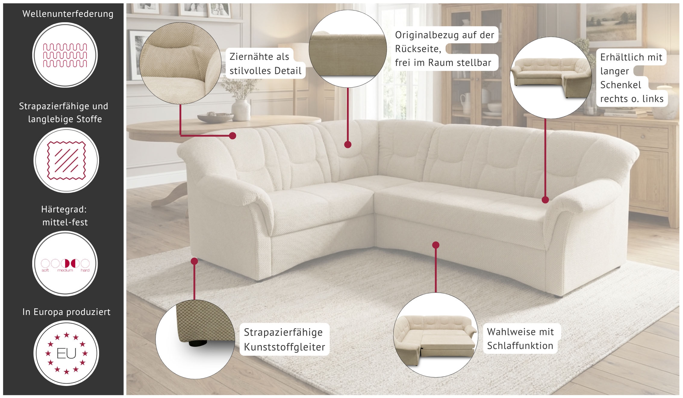 OTTO home Ecksofa »Langelland 232 x 146 cm, auch mit Schlaffunktion, mittelfester Sitz« L-Form, mit Federkern, pflegeleichter, weicher Luxus-Microfaser