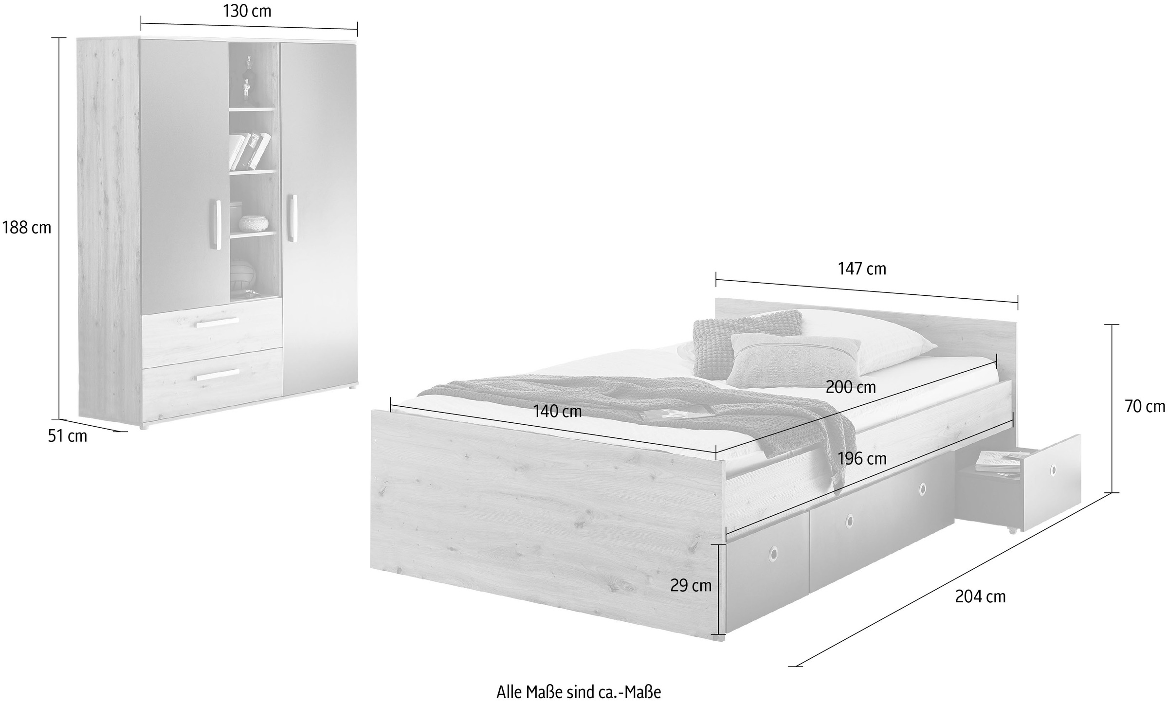 arthur berndt Jugendzimmer-Set »Alessio«, (Set, 3 St., Bett und  Kleiderschrank), mit Melamin-Oberfläche auf Rechnung bestellen