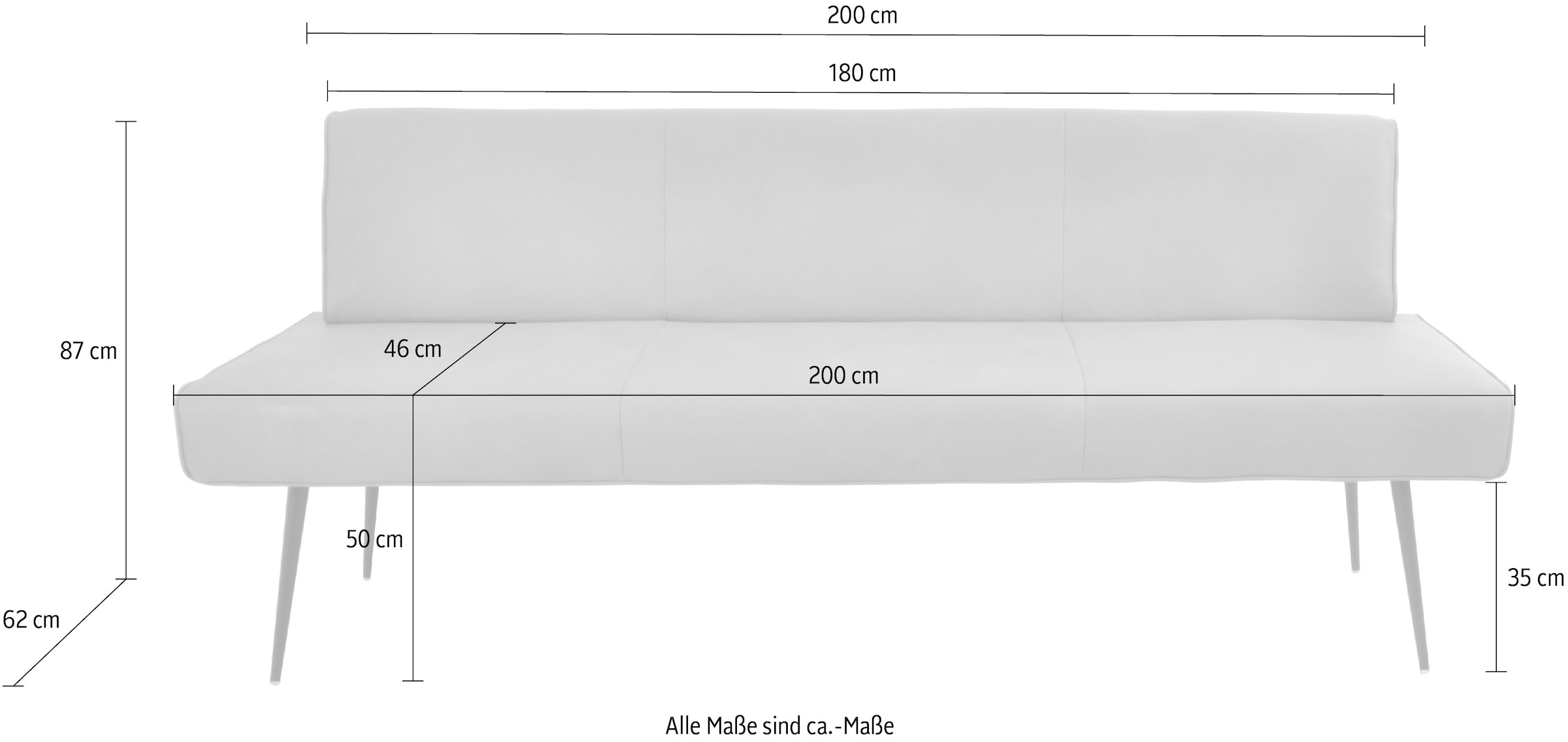 K+W Komfort & Wohnen Polsterbank »Giacomo I«, (1 St.), Metallfüsse in schwarz, wahlweise in der Breite 200cm oder 177cm