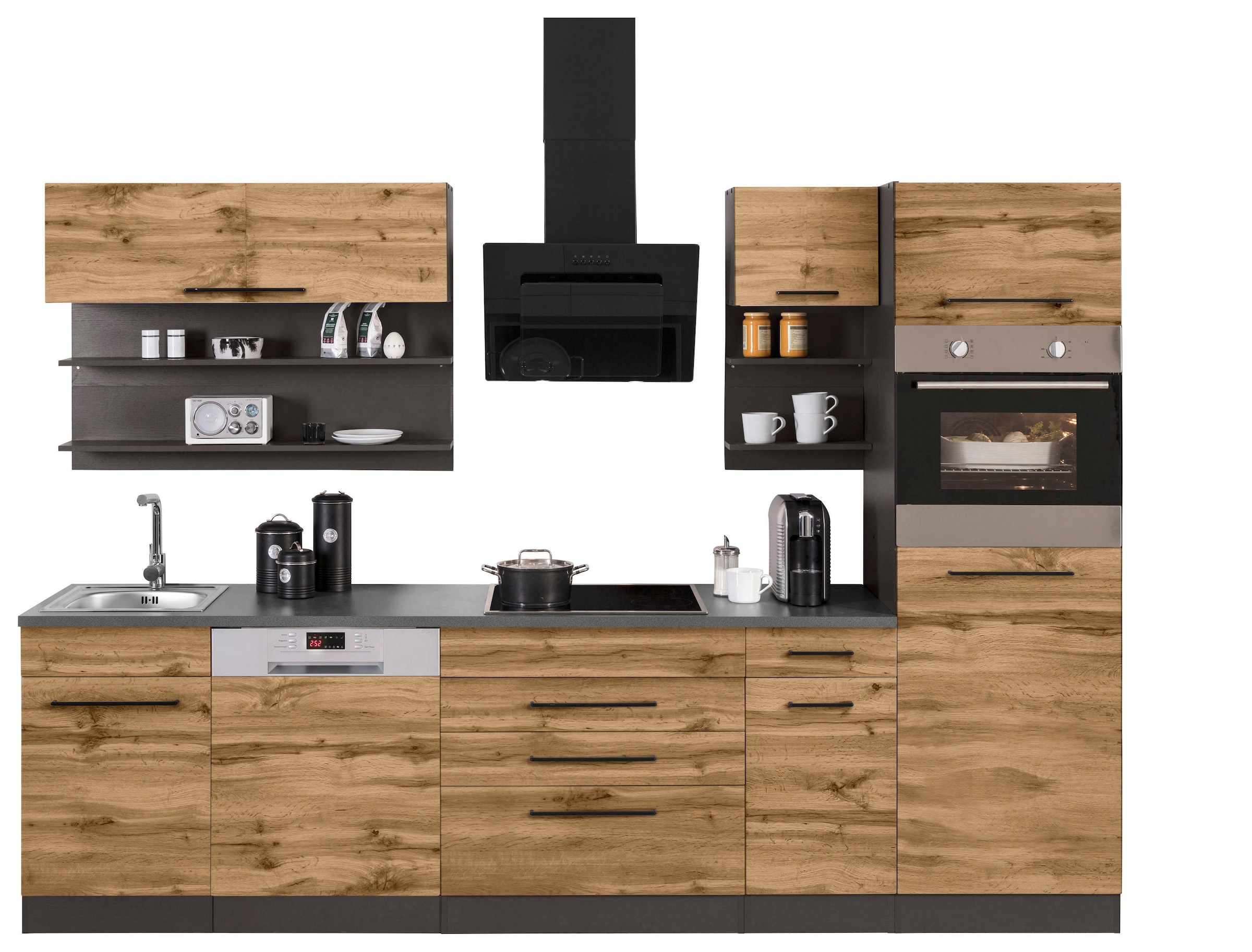 KOCHSTATION Küchenzeile »KS-Tulsa« ohne E-Geräte, Breite 290 cm, schwarze Metallgriffe, MDF Fronten