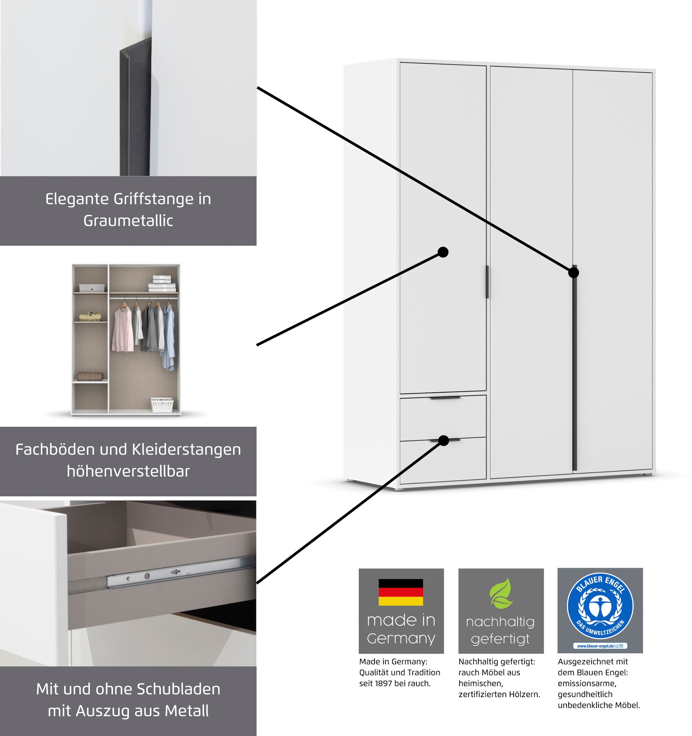 rauch Drehtürenschrank »Kleiderschrank Schrank Garderobe Wäscheschrank NAGATA viel Stauraum«, (in 3 verschiedenen Ausstattungen BASIC/CLASSIC/PREMIUM), mit modernen Stangengriffen in Graumetallic TOPSELLER MADE IN GERMANY