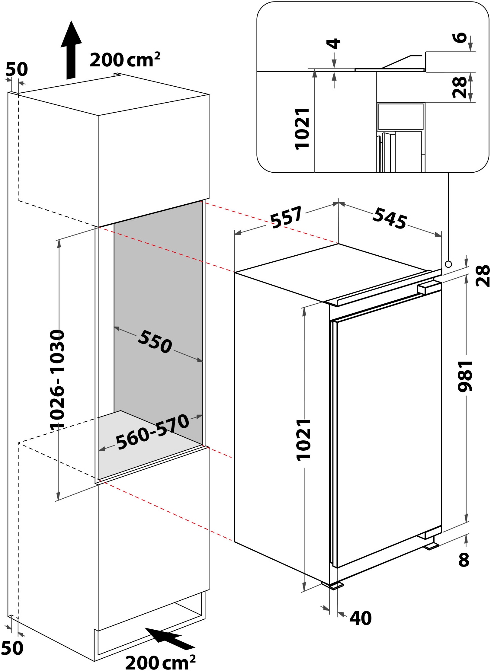 BAUKNECHT Einbaukühlschrank »KSI 10GF3«, KSI 10GF3, 102 cm hoch, 55,7 cm breit
