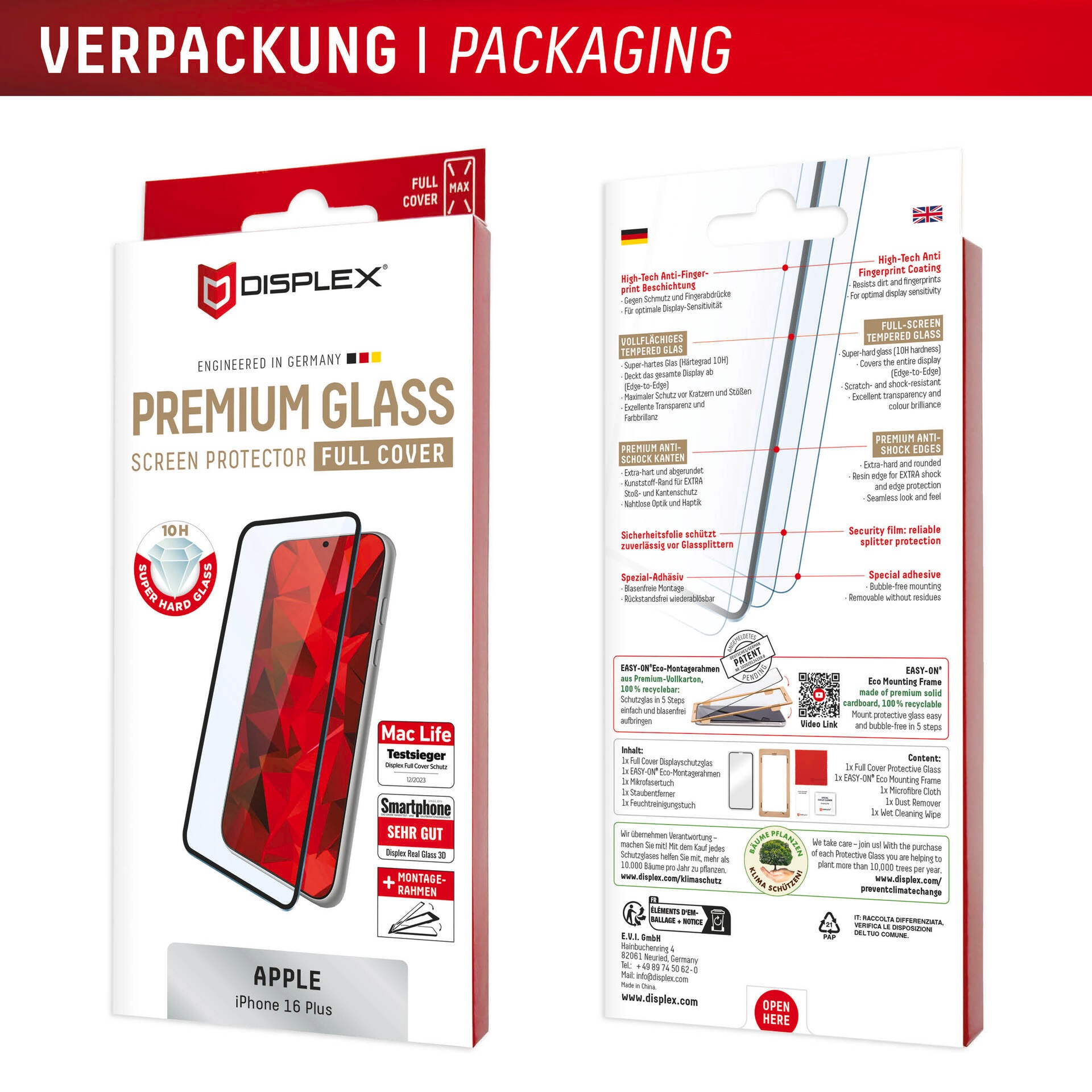 Displex Displayschutzglas »Premium Glass Full Cover«, für Apple iPhone 16 Plus, (1 St.), Displayschutzfolie, Schutzfolie, Bildschirmschutz, kratz- & stoßfest