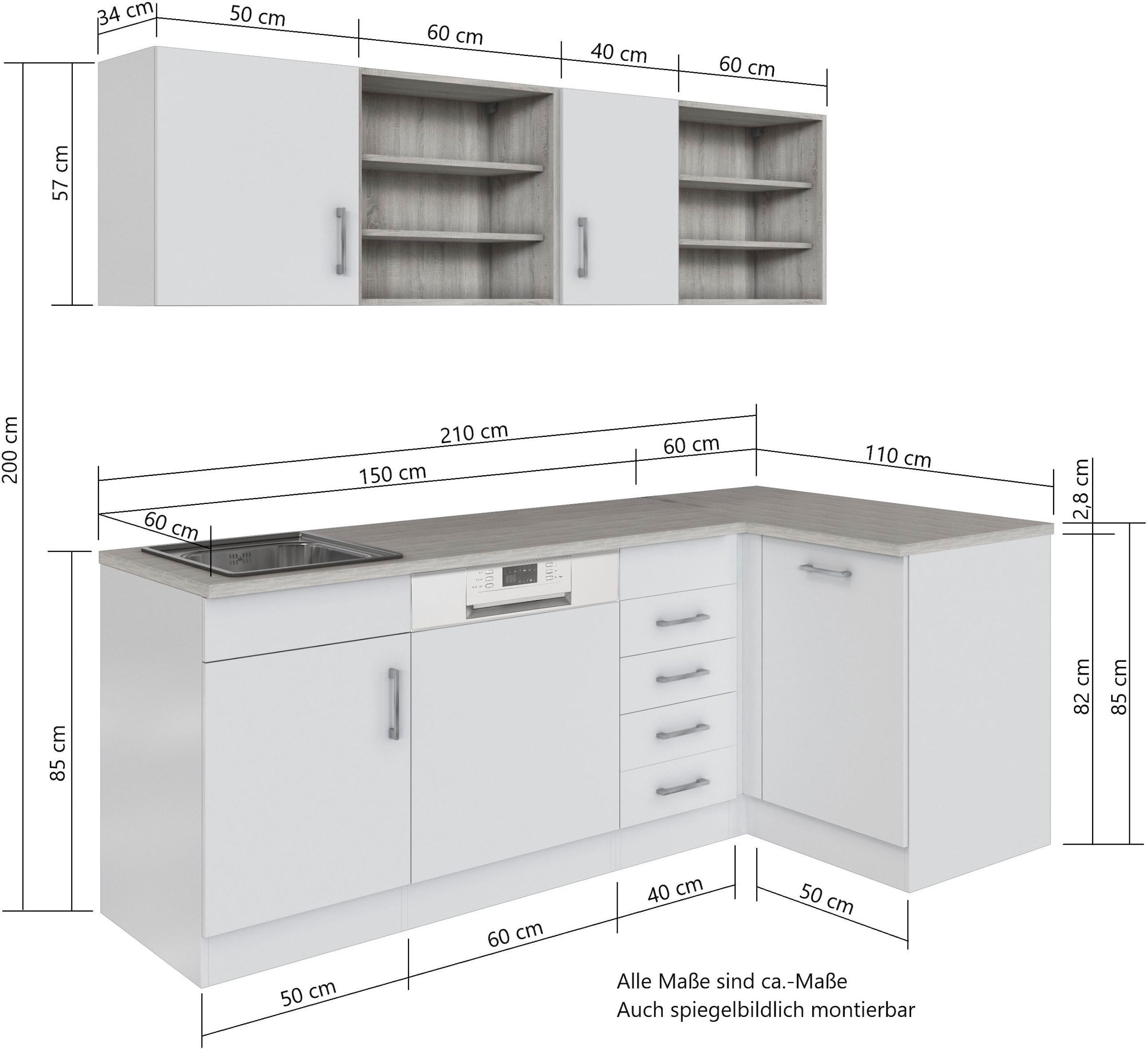 KOCHSTATION Küche »KS-Mali« Stellbreite 210/110 cm, mit E-Geräten