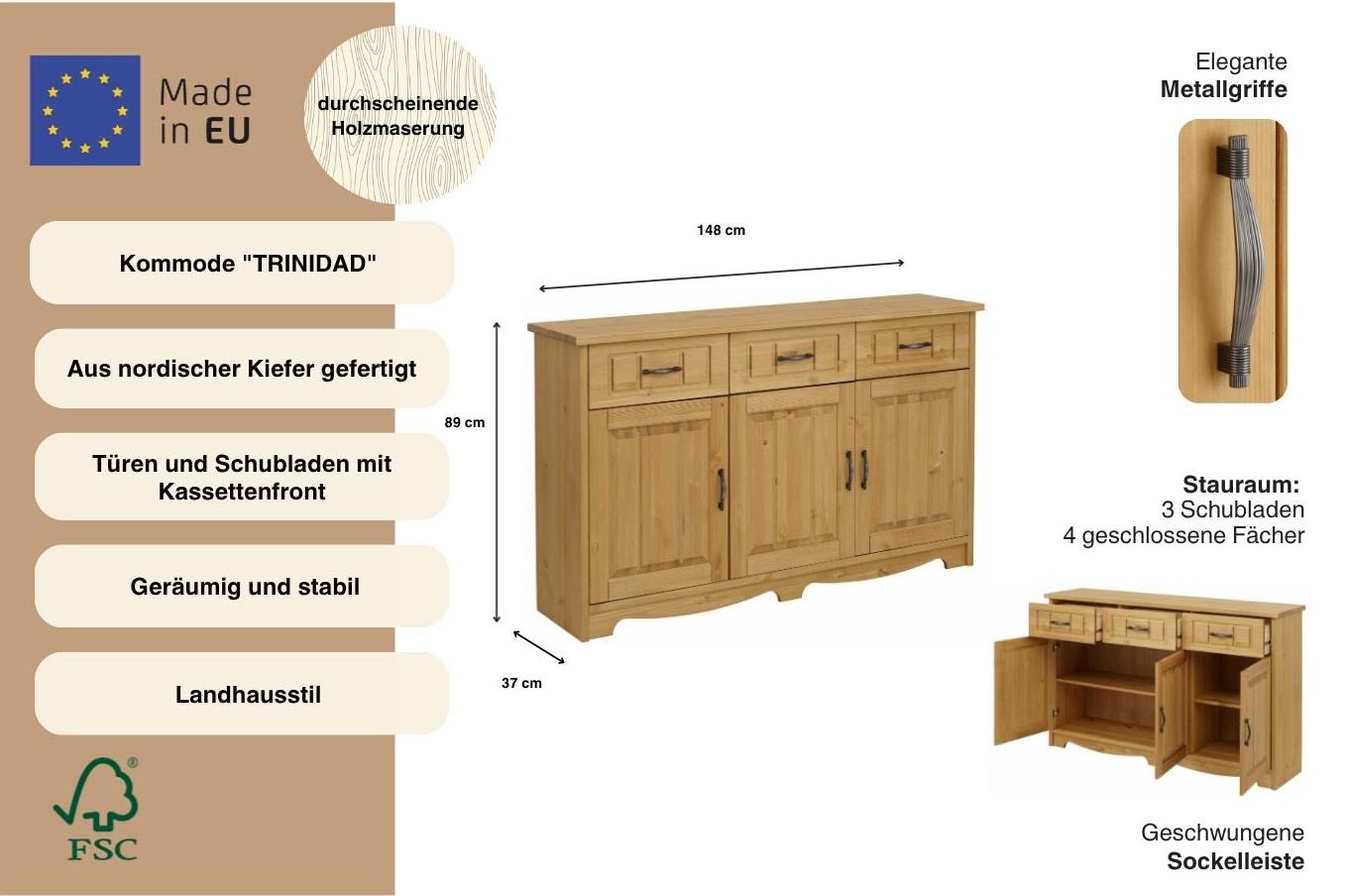 OTTO home Sideboard »Trinidad« Kommode, Breite 148 cm