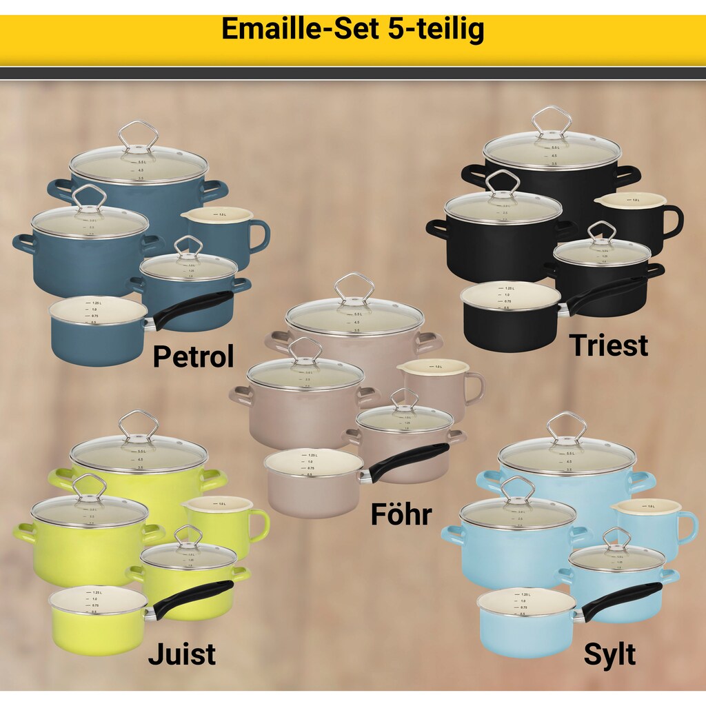 Krüger Topf-Set »Föhr«, Emaille, (Set, 8 tlg., Fleischtopf 16/20/24 cm, Stieltopf 16 cm, Milchtopf 12 cm)