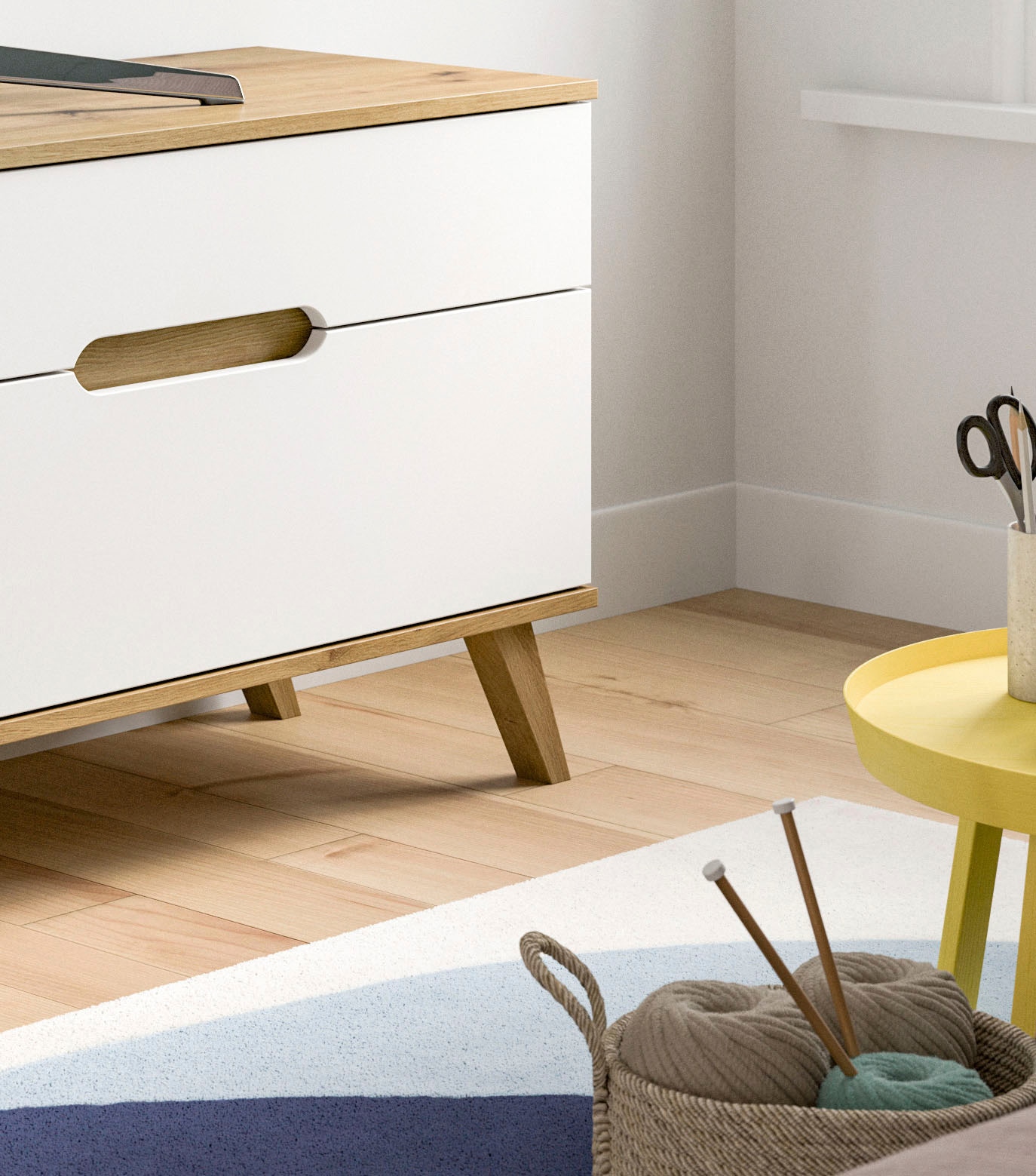Home affaire Lowboard »Alesund, Breite 140 cm, 1 Klappe, 1 Schubkasten, konischer Fuß«, Scandi-Look, TV-Möbel, TV-Schrank, TV-Lowboard, Mediaboard, Wohnmöbel