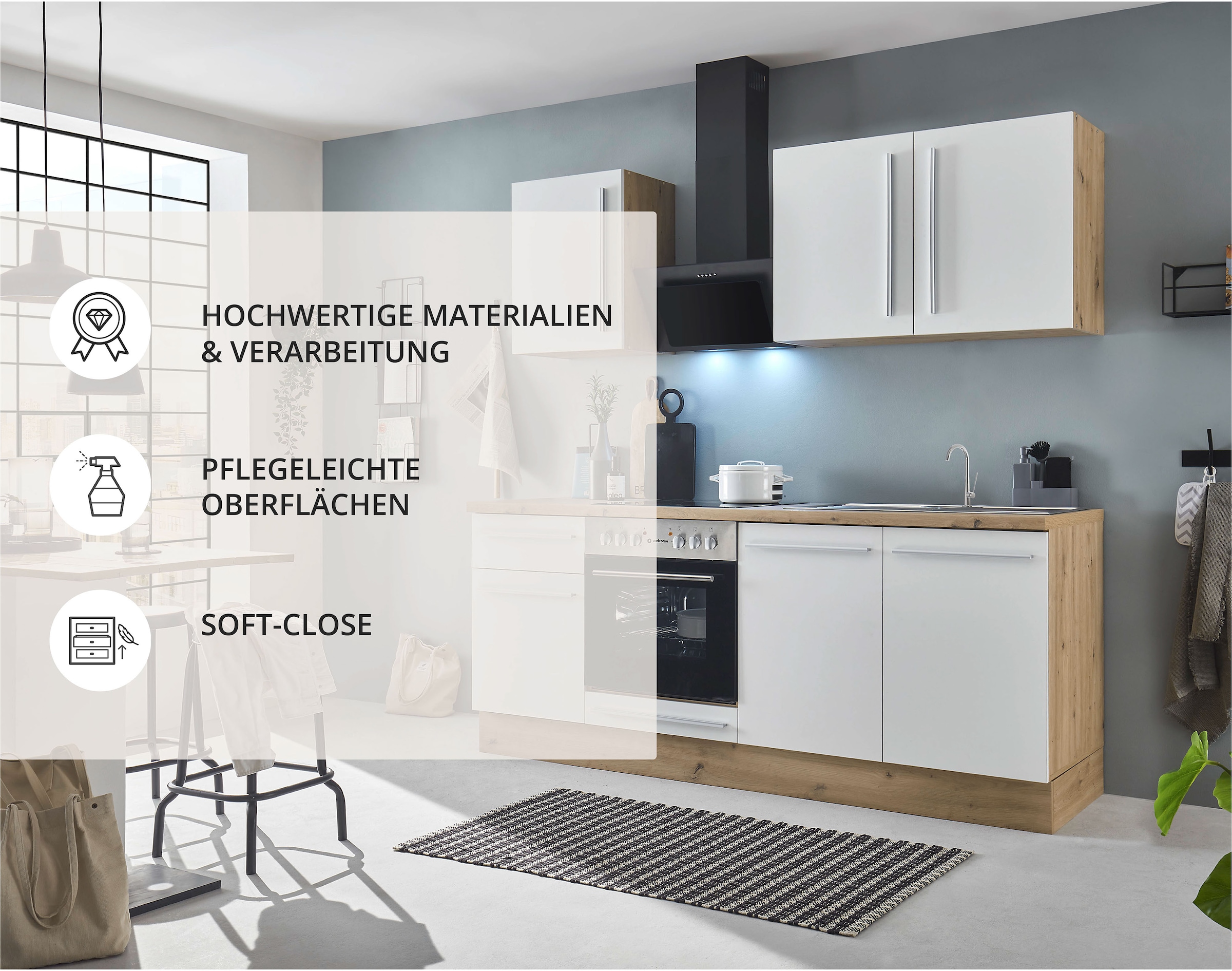 KOCHSTATION Küchenzeile »KS-Florida mit 38mm starker Arbeitsplatte« Breite 210 cm, wahlweise mit E-Geräten, mit Soft-Close-Funktion