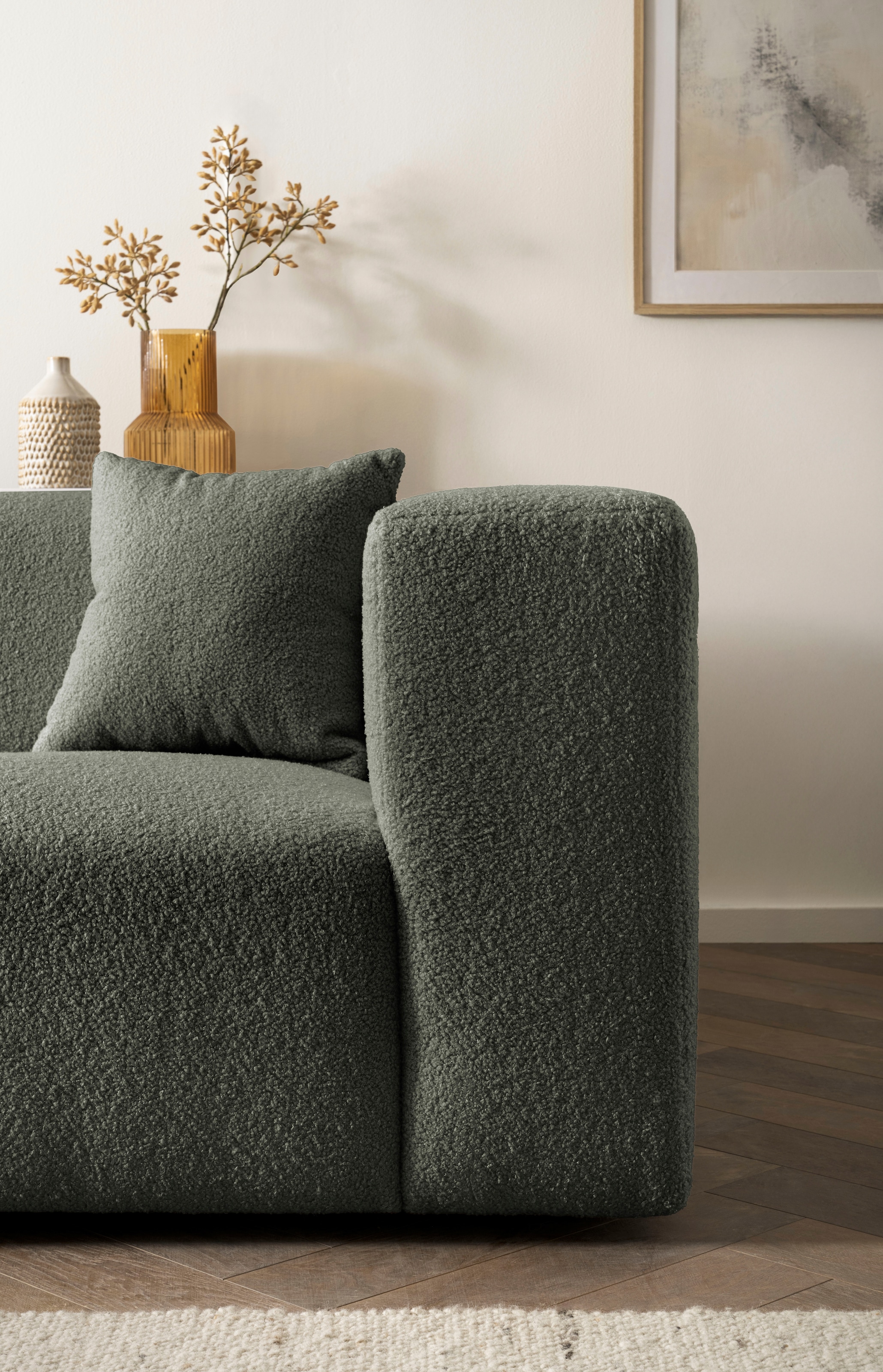 andas Ecksofa »BAKELS, L-Form in Cord oder Boucle-Stoff, moderne Couch«, wahlweise Recamiere rechts/links, bequemer Sitzkomfort