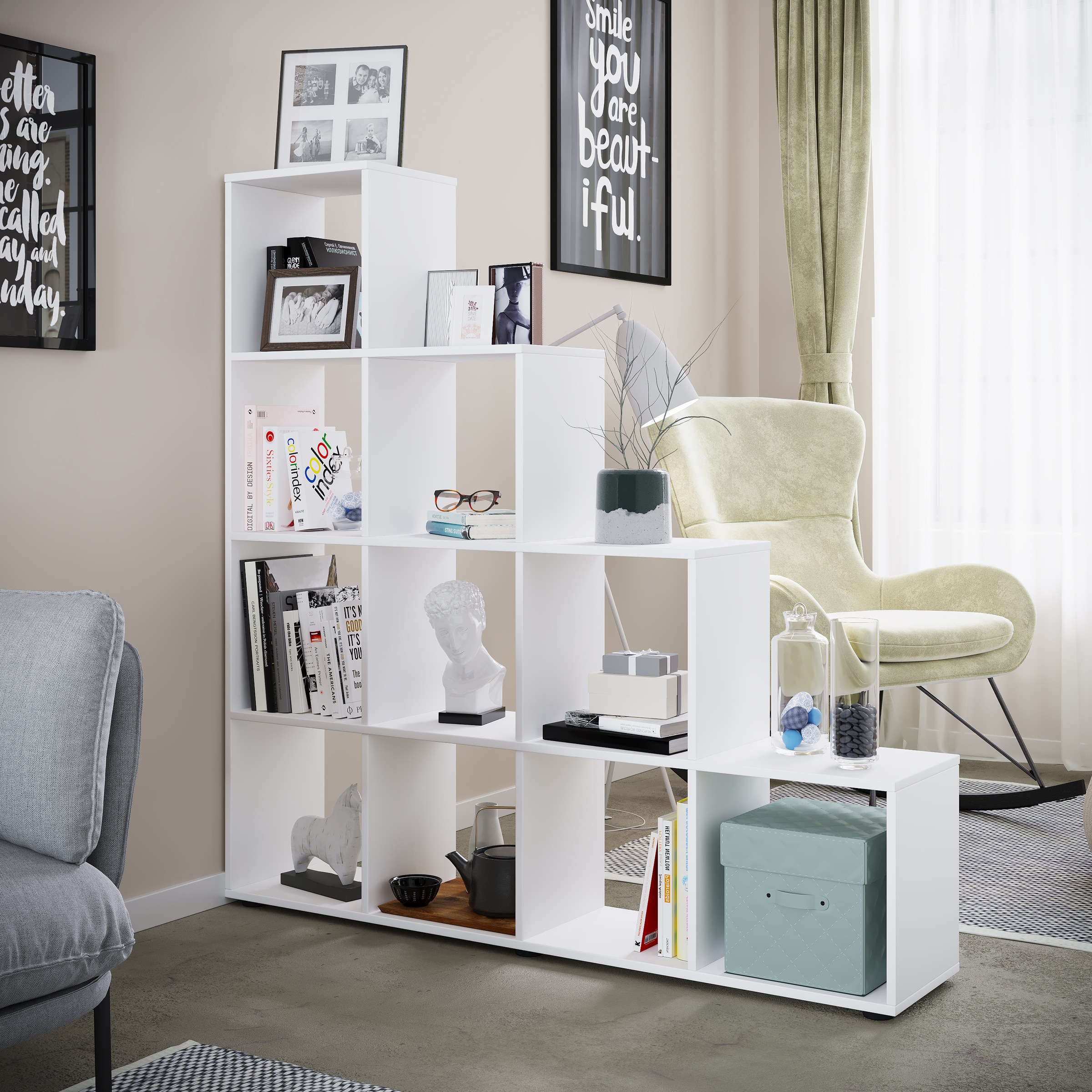 VCM Standregal »VCM Holzregal stehend | platzsparendes Regal | Maße: H. 139 x B. 143 x T. 29 cm | Elegantes Regal stehend | Aufbewahrungsregal | Bücherregal | Treppenregal - Napoli«