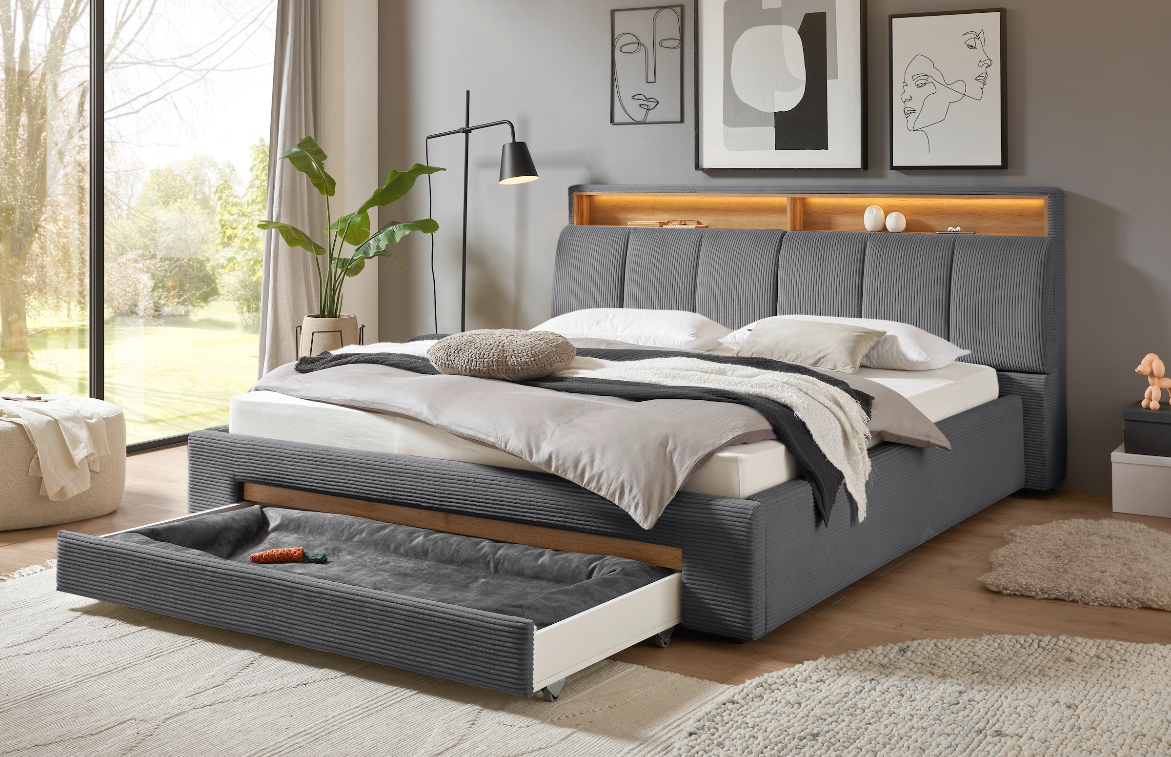 Home affaire Polsterbett »CiTY/GiRON,, gepolstertes Stauraumbett, mit LED Beleuchtung« Bettkasten mit Hundebett oder als Stauraum, klappbare Kopfteile