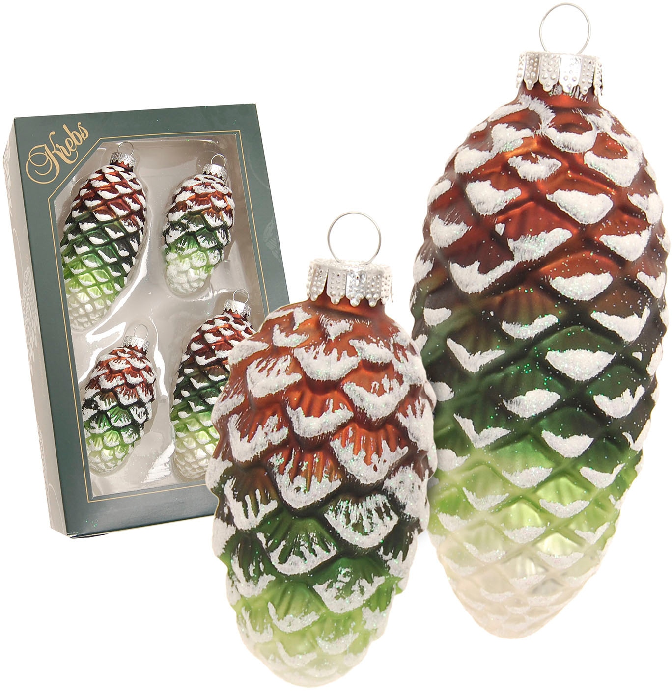 Krebs Glas Lauscha Christbaumschmuck »Glas-Tannenzapfen bunt, mit Glitter, 2x klein Ø 8 cm + 2x groß Ø 10 cm«, (Set, 4 tlg.), Weihnachtsdeko, Weihnachtsbaumkugel, Christbaumkugeln aus Glas