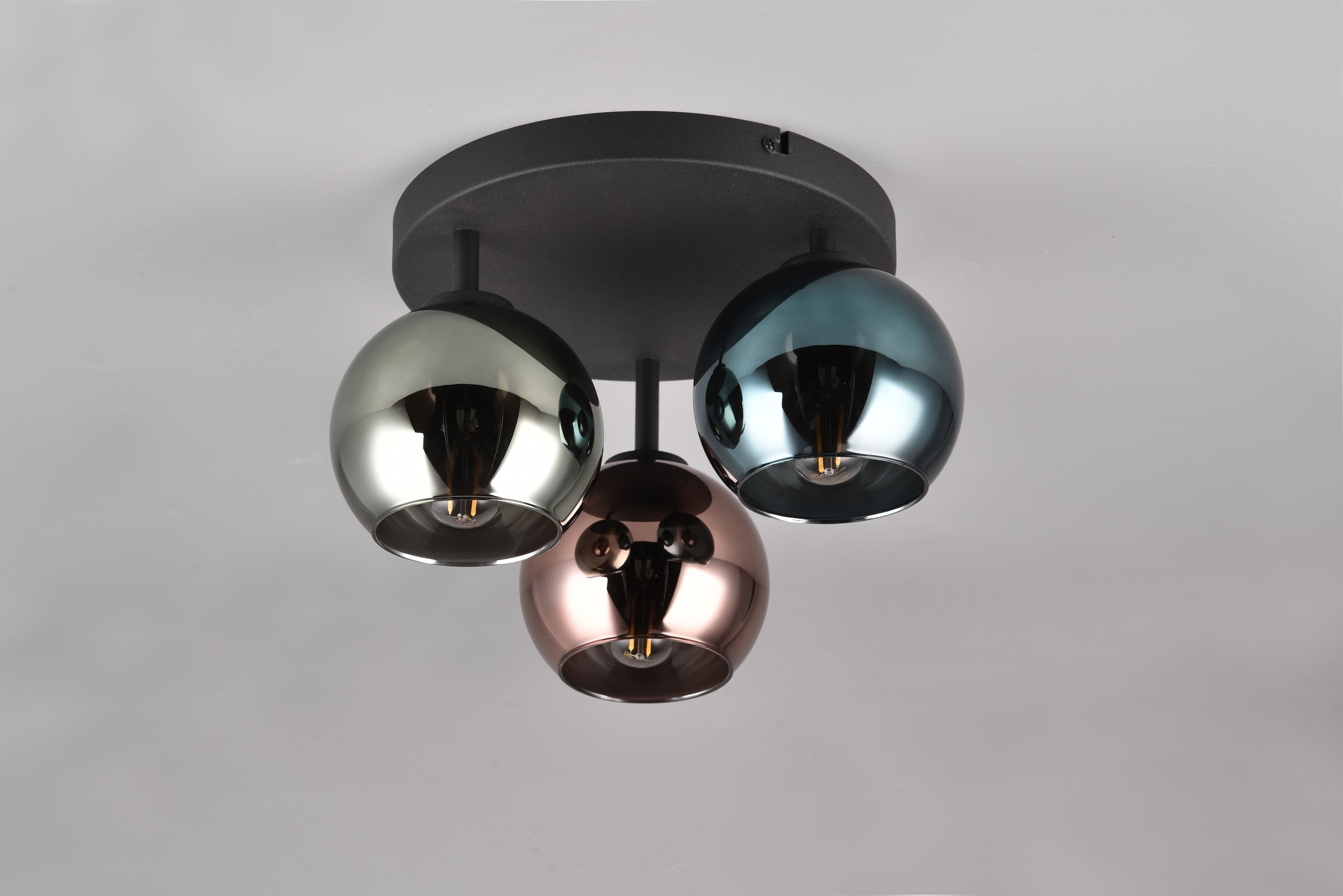 REALITY Leuchten Deckenleuchte »SHELDON, Deckenlampe 3-flammig exkl 3x E14 max 10W Glasschirme bunt«, 3 flammig, Leuchtmittel E14 | Leuchtmittel wechselbar, Ø gesamt 33cm, Deckenleuchte blau grün + kupfer Glas verspiegelt