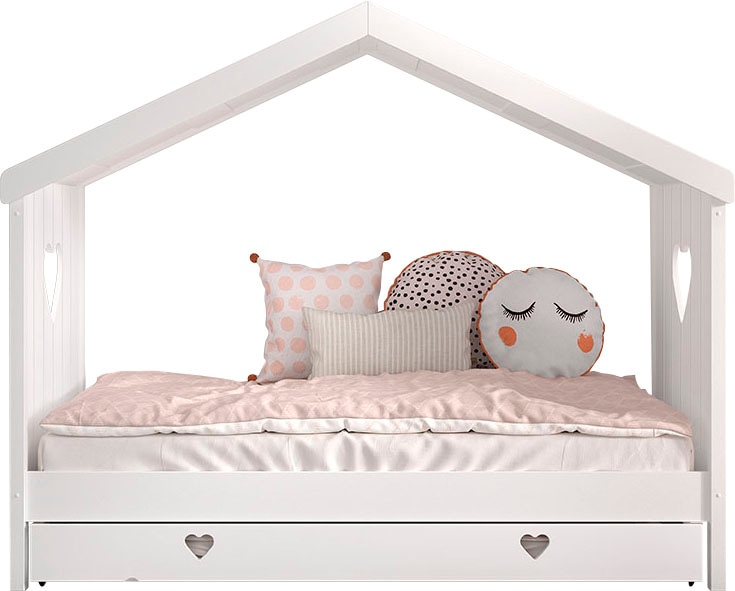 Vipack Hausbett »Amori, inkl. Dach, Rückseitig offen, mit Rolllattenrost« B/H/T ca. 213x171,7x98,7cm, verspielte Herz-Ausschnitte seitlich,  wahlweise, mit oder ohne Schublade und Absturzschutz, weiß lackiert