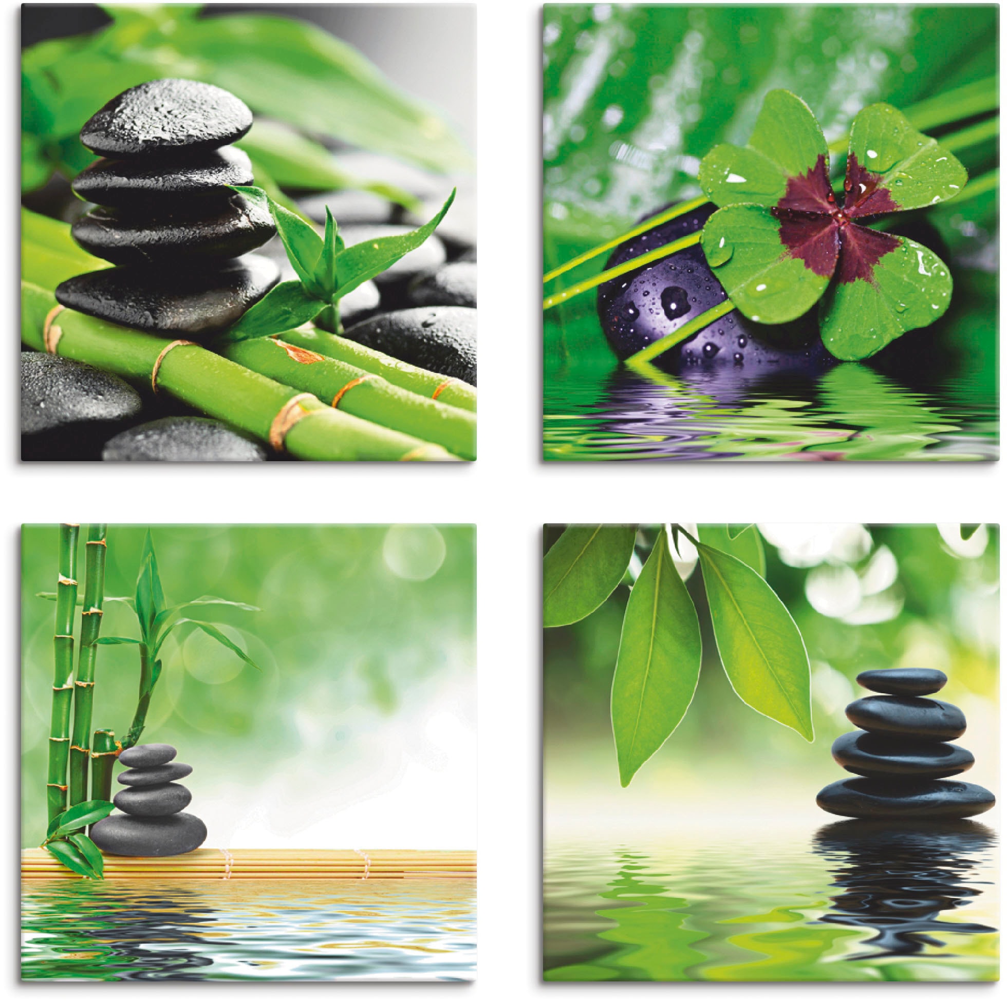 Artland Leinwandbild »Glücksklee Zen Steinpyramide Wasser«, Zen, (4 St.), 4er Set, verschiedene Größen