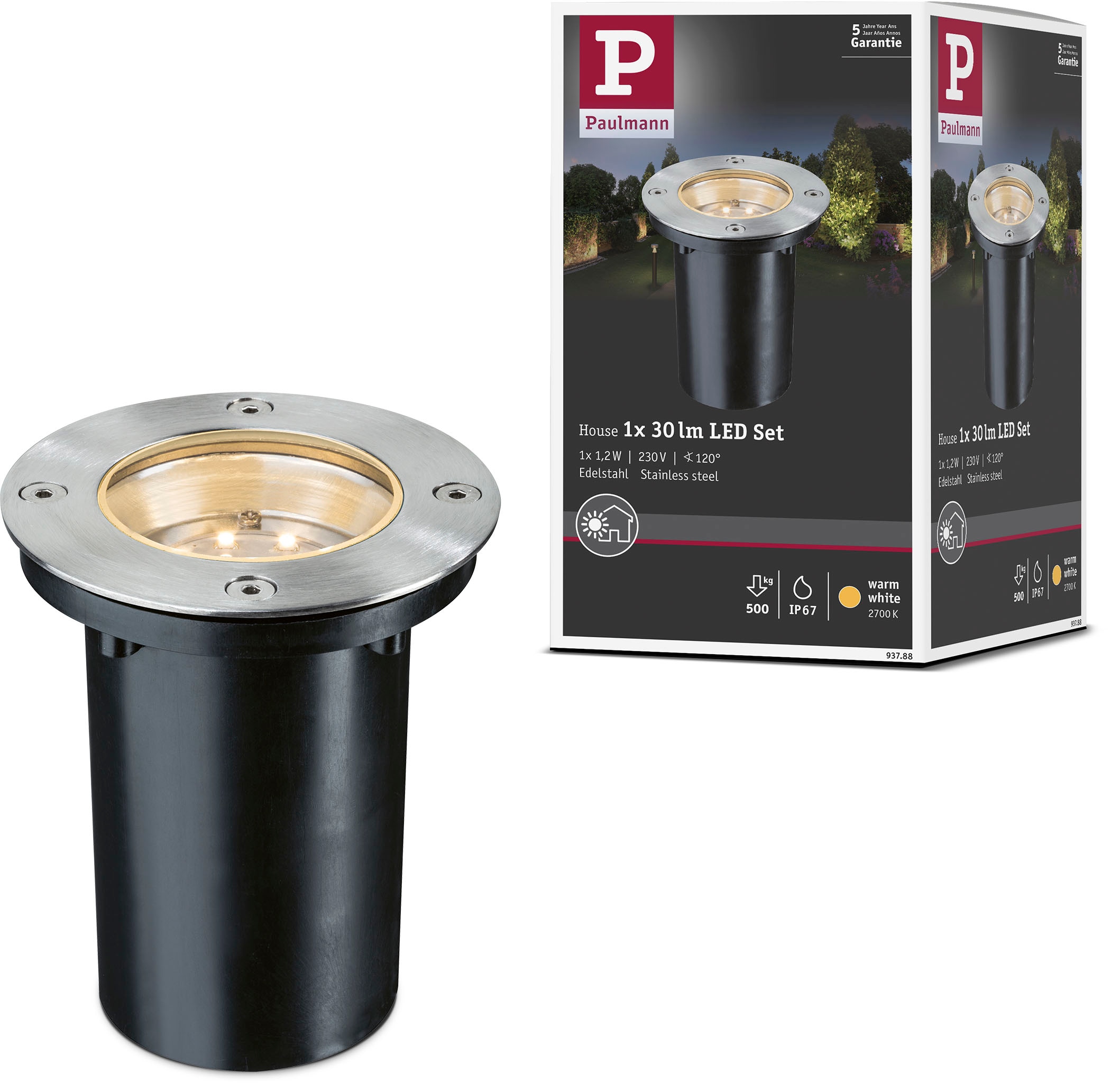 Paulmann LED Einbauleuchte »Outdoor 230V Boden rund LED 1,2W 2700K 110mm Edelstahl/Metall«, 1 flammig, Outdoor 230V Boden rund LED 1,2W 2700K 110mm Edelstahl/Metall