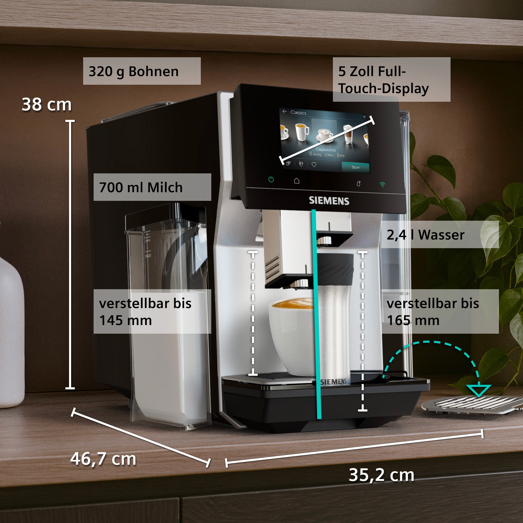 SIEMENS Kaffeevollautomat »TQ727D03« farbiges Full-Touch-Display, Doppeltassenfunktion, sehr leise, schwarz