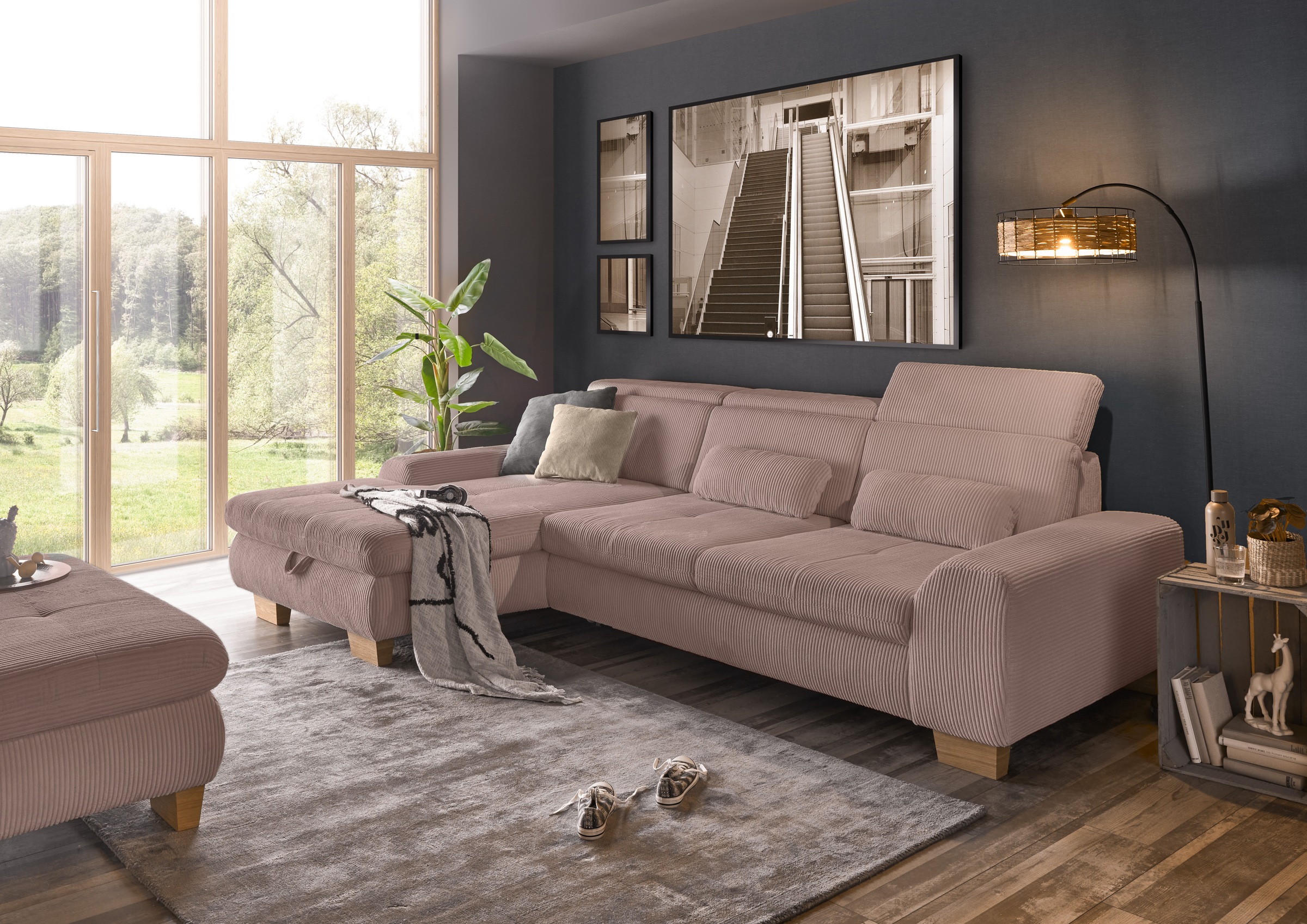 set one by Musterring Ecksofa »SO 3400 Sitzhöhe 47cm oder 49cm, Sitztiefe verstellbar, B/T: 307/195cm«, whlw. mit Funktion, Kaltschaum, in Cord, rose, Sitzhöhe 49