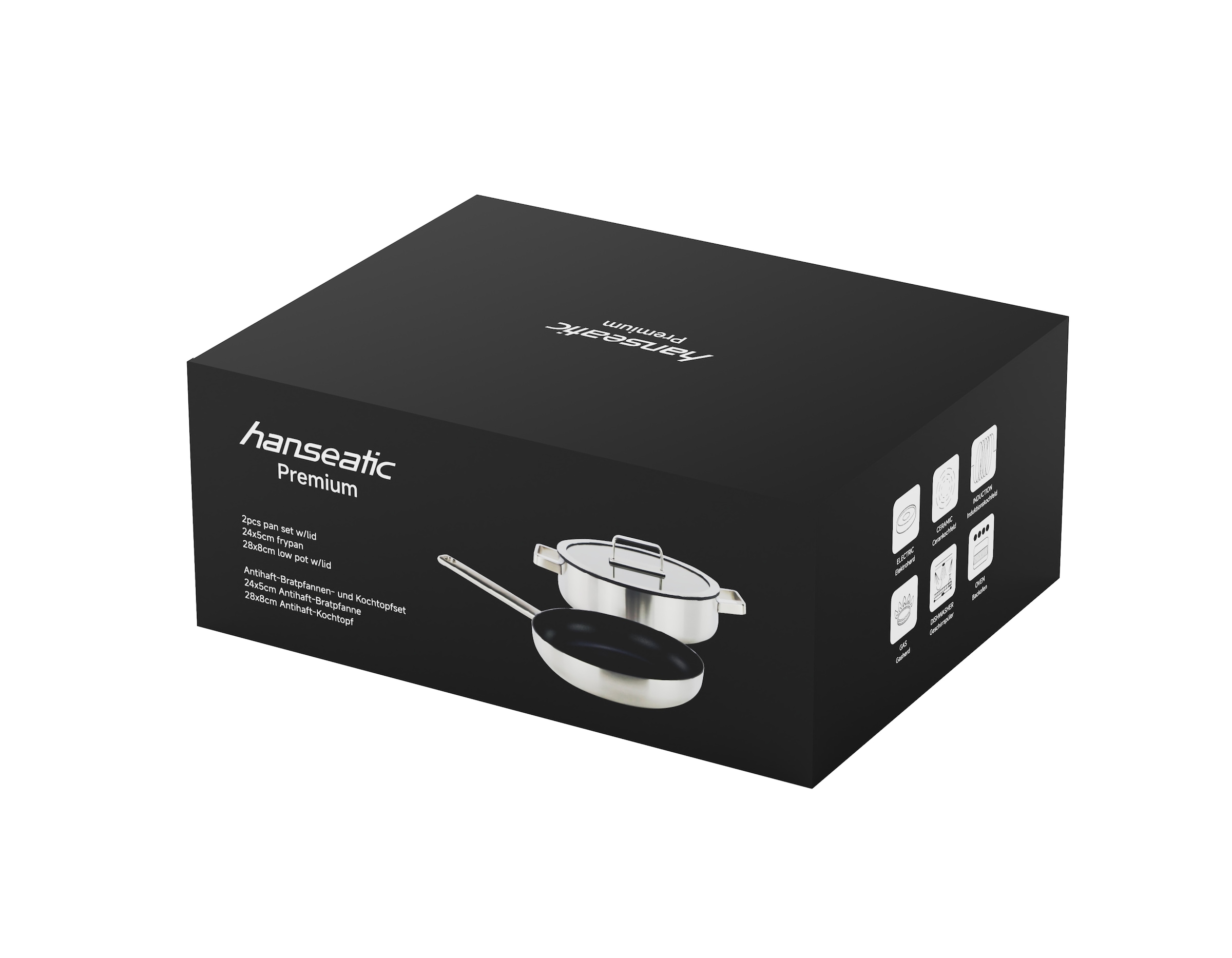 Hanseatic Pfannen-Set »PREMIUM« Edelstahl Set, 1x Pfanne 24 cm, 1x Servierpfanne 28 cm mit Deckel, 3 Stk. tlg. mit Antihaftbeschichtung, für alle Herdarten, Induktion