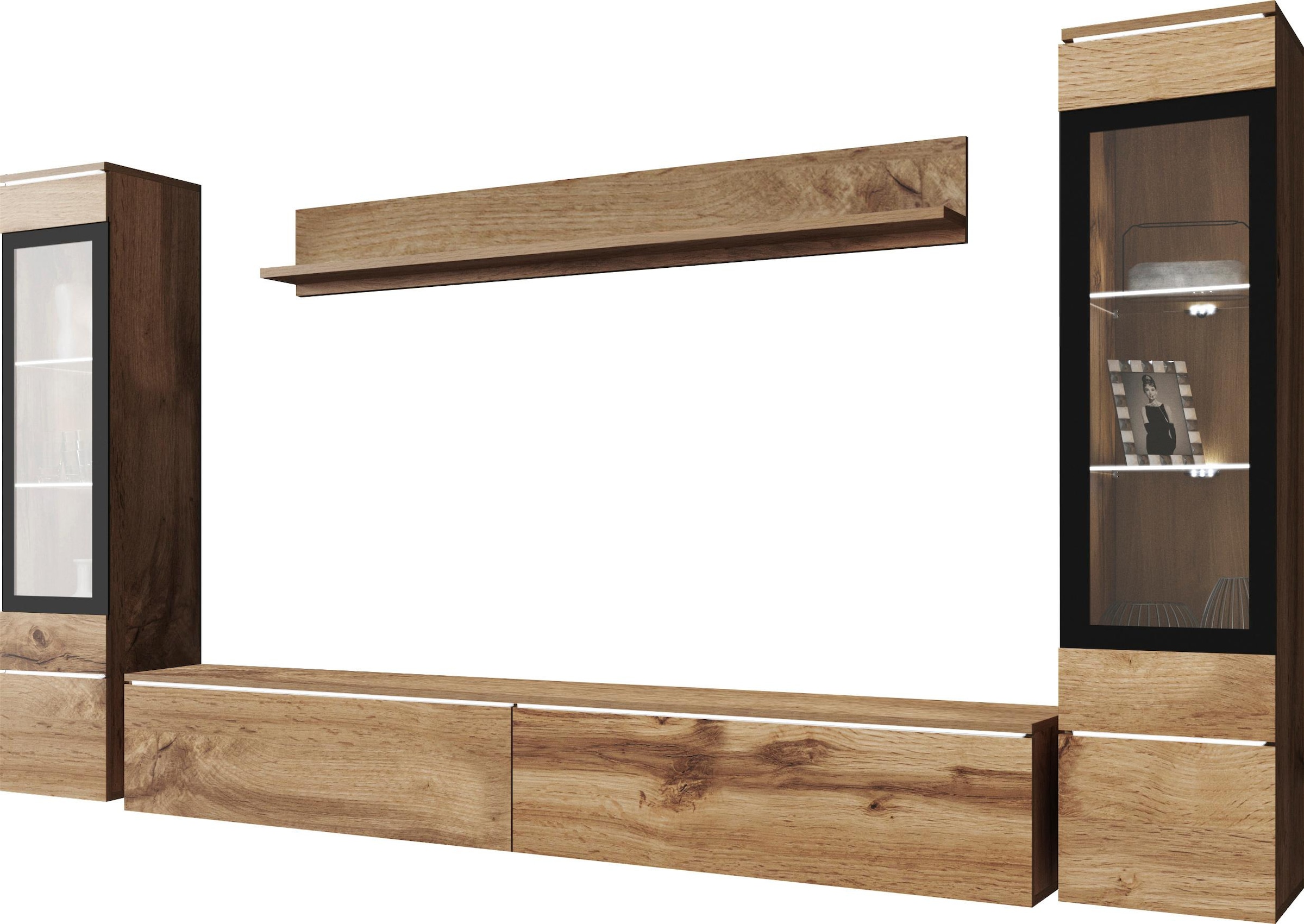 INOSIGN Wohnwand »VERA II, Vitrinen Türanschlag wechselbar«, (Komplett-Set, 4 St.), Mediawand 260 cm, Vitrine mit Verglasung, stehend und hängend