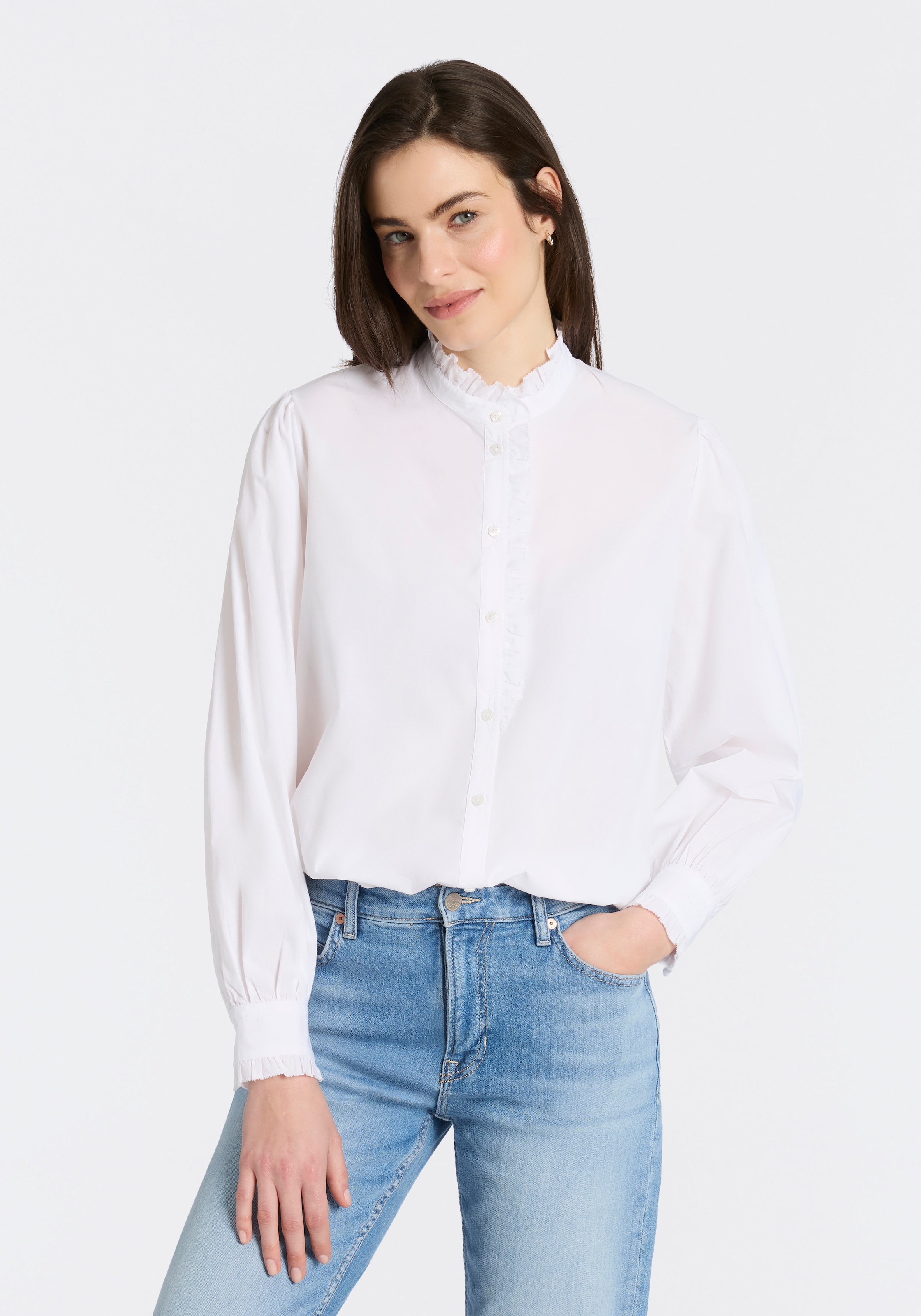 BOSS ORANGE Hemdbluse »Banny Premium Damenmode« mit Rüschen-Details, Stehkragen