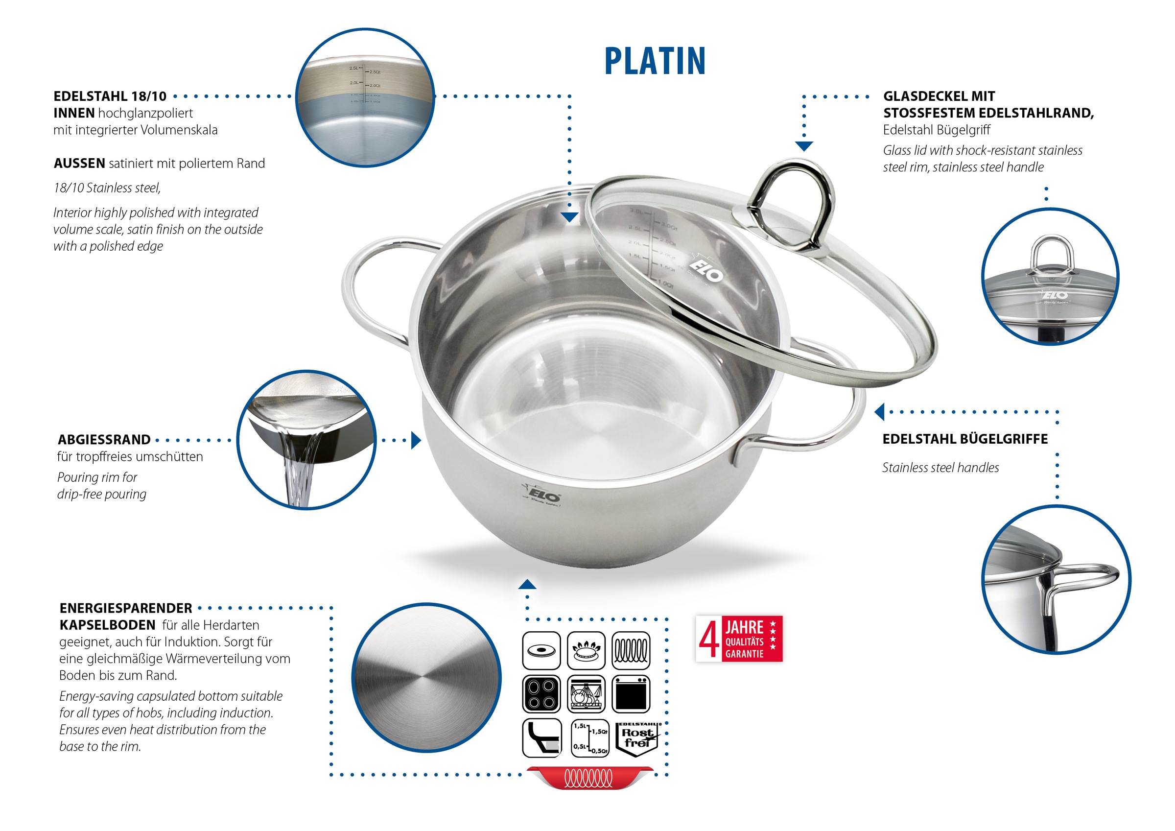 Elo Topf-Set »Platin« Set, 1 Bratentopf 20 cm, je 1 Fleischtopf 16/20/24 cm, 1 Kasserolle 16 cm, 9 Stk. tlg. Edelstahl 18/10