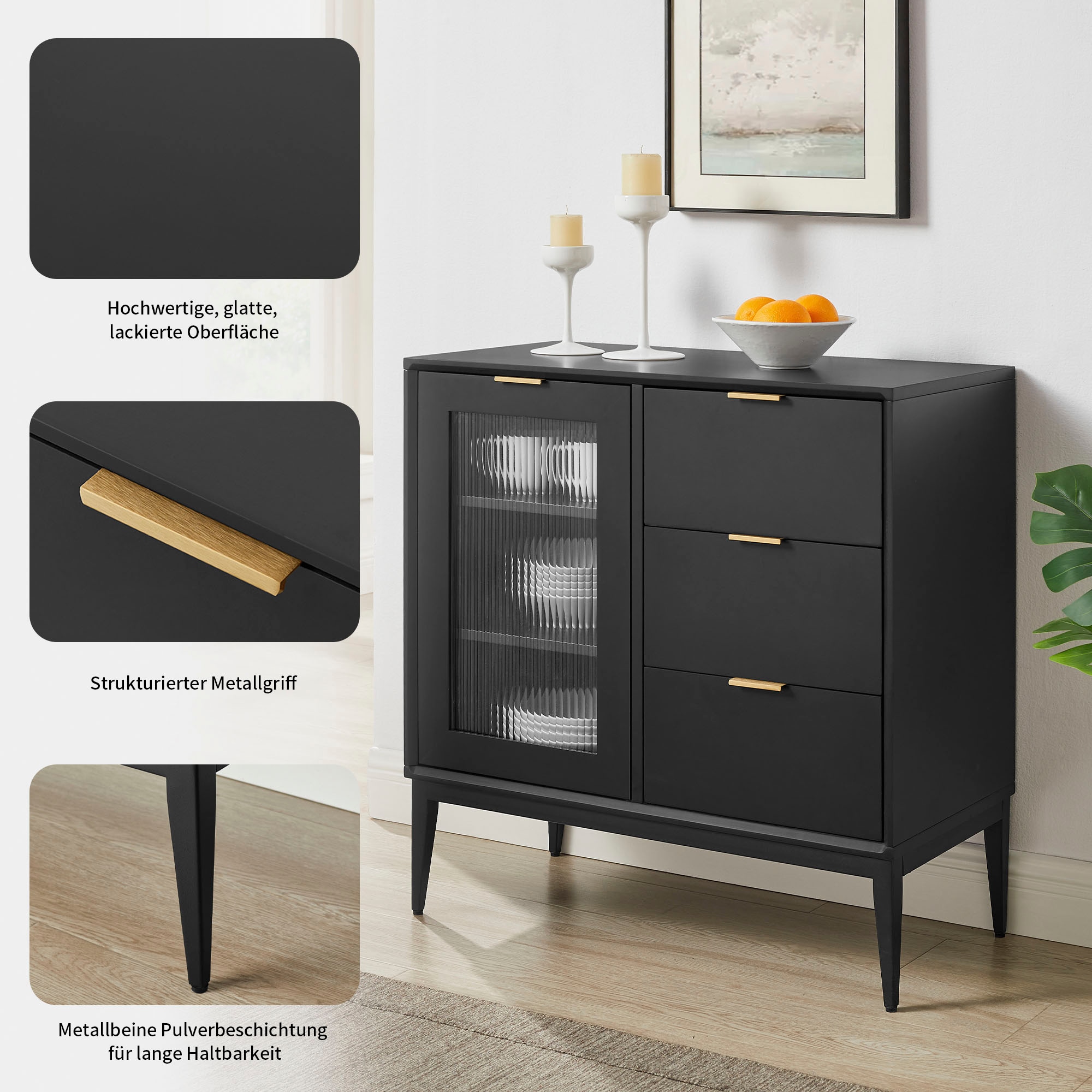 Leonique Sideboard »Lavisha« FSC-zertifiziertes Holz kombiniert Melamin, verchromten Metallgriffen