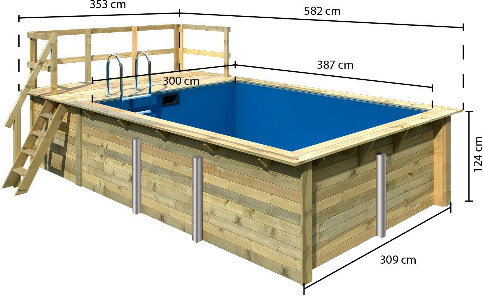 Karibu Rechteckpool »Roma A BxLxH: 582x353x124cm, mit Sonnendeck«, (Komplett-Set, 10 tlg.), 44 mm kesseldruckimprägniertes Fichtenholz