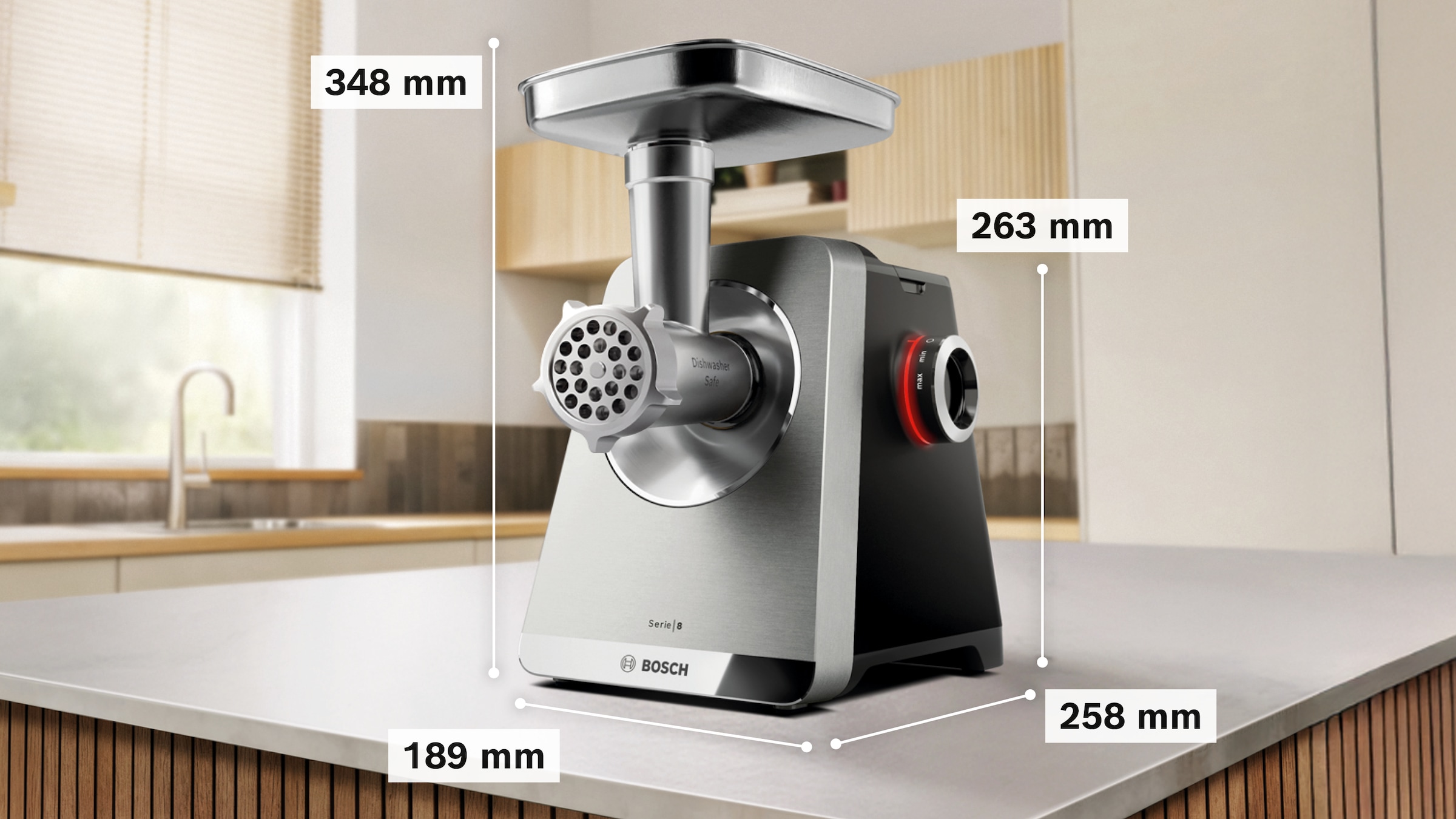 BOSCH Fleischwolf »Serie 8 MFWS840M, bis zu 4,5 kg Fleisch pro Min., spülmaschinenfest« 800 W Edelstahl, 10-Jahre Motorgarantie, mit drei Lochscheiben, 2.500 W