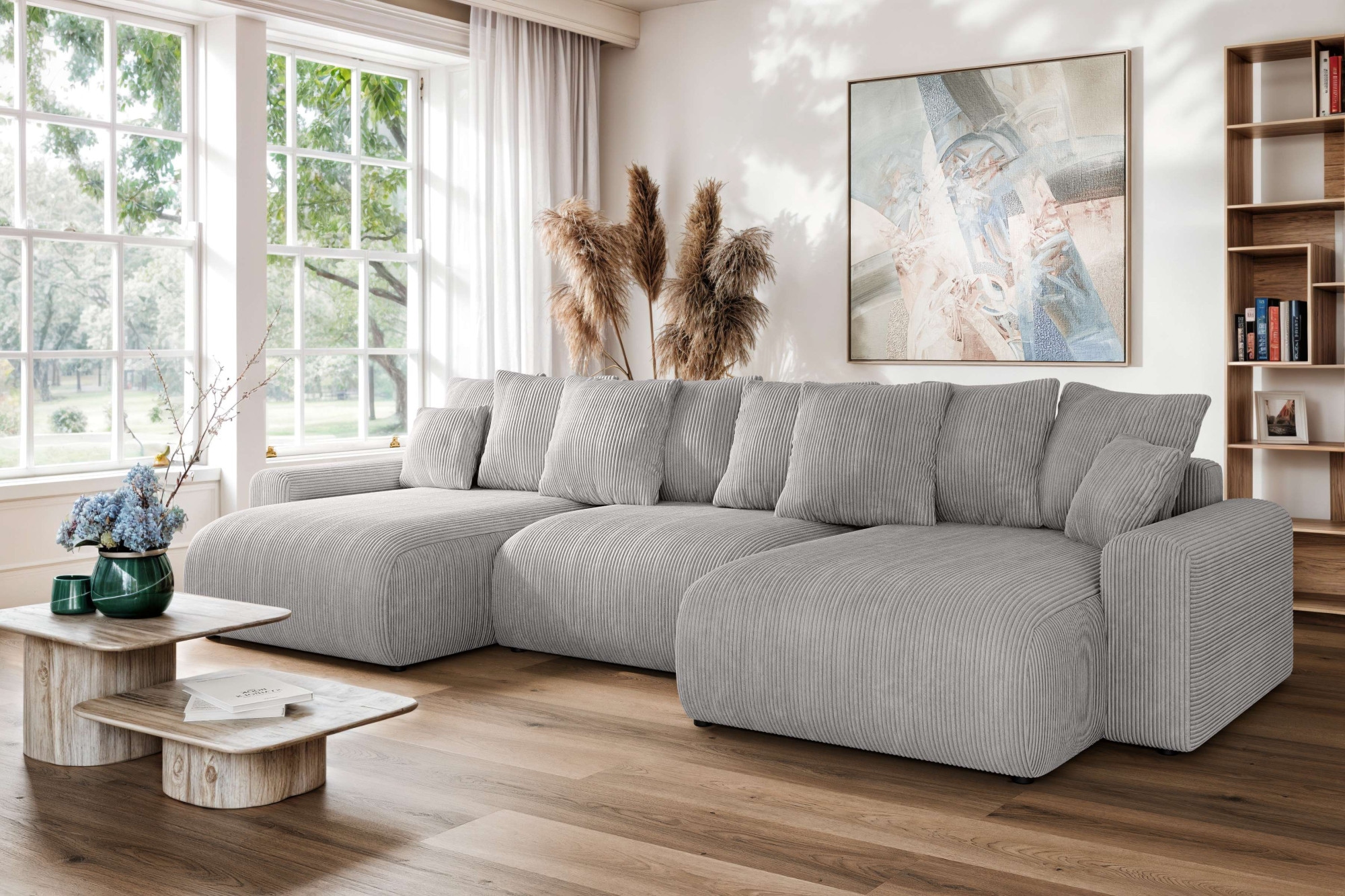 Home affaire Wohnlandschaft »LAKESIDE mit Bettfunktion und Bettkasten, Maße B/T/H: 332,5/142/84 cm«, U‑Form mit vielen Kissen und Wellenunterfederung