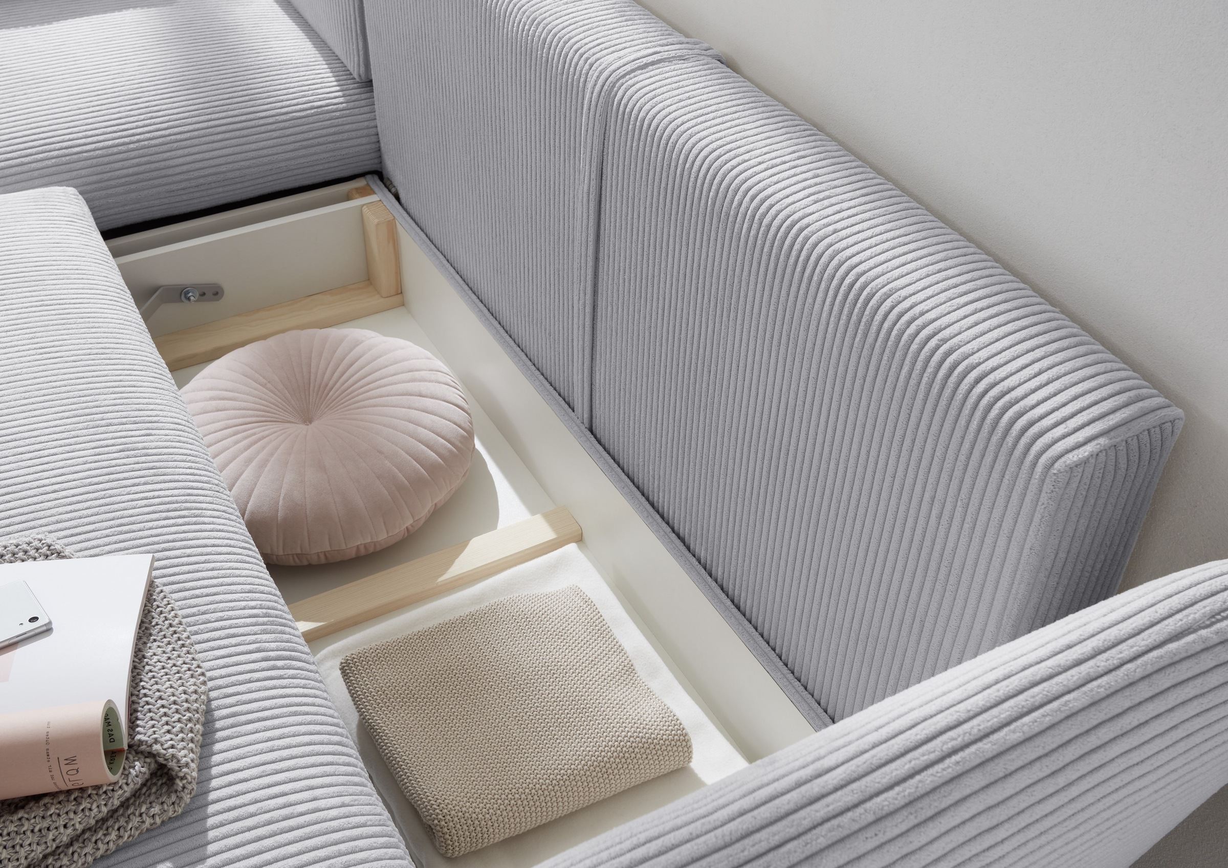 andas Ecksofa »MERLE, 258 cm, L-Form, traumhafter Cord,«, mit Bettfunktion und Bettkasten, Liegefläche 224 x 139