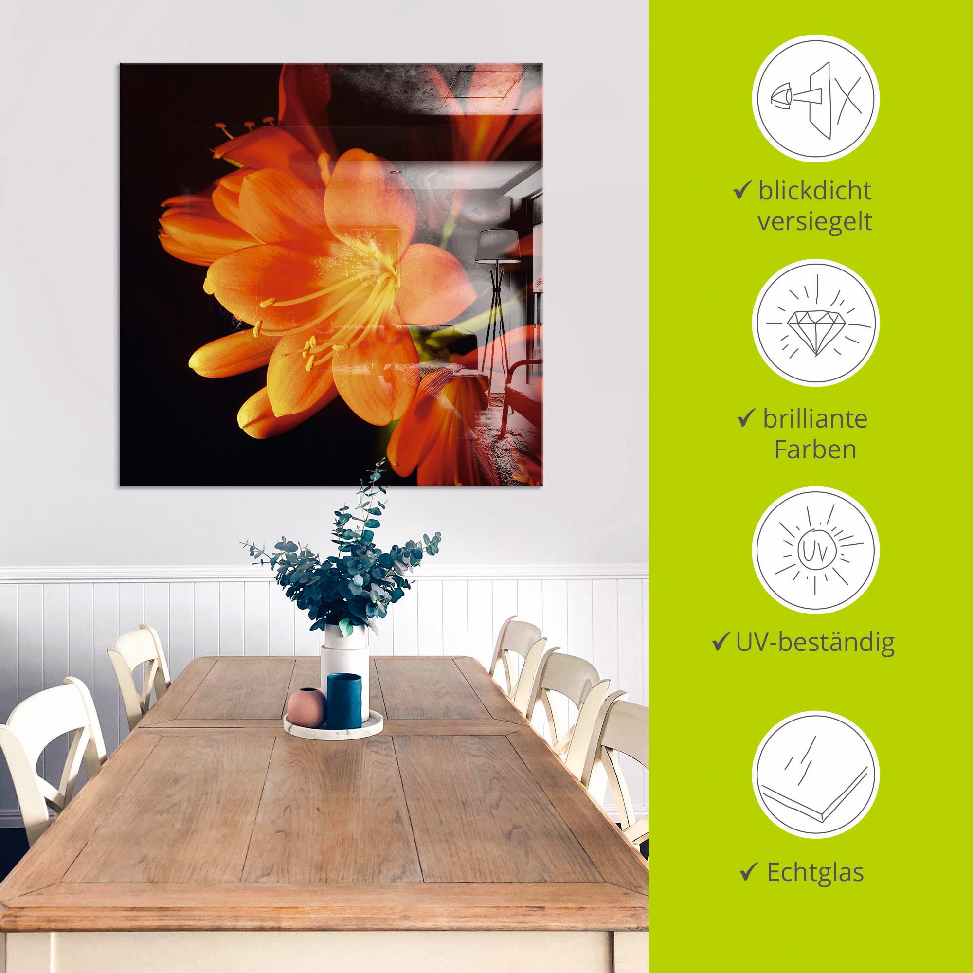 Artland Glasbild »Clivie in leuchtendem Orange« Blumen 1 Stk. tlg. in verschiedenen Größen