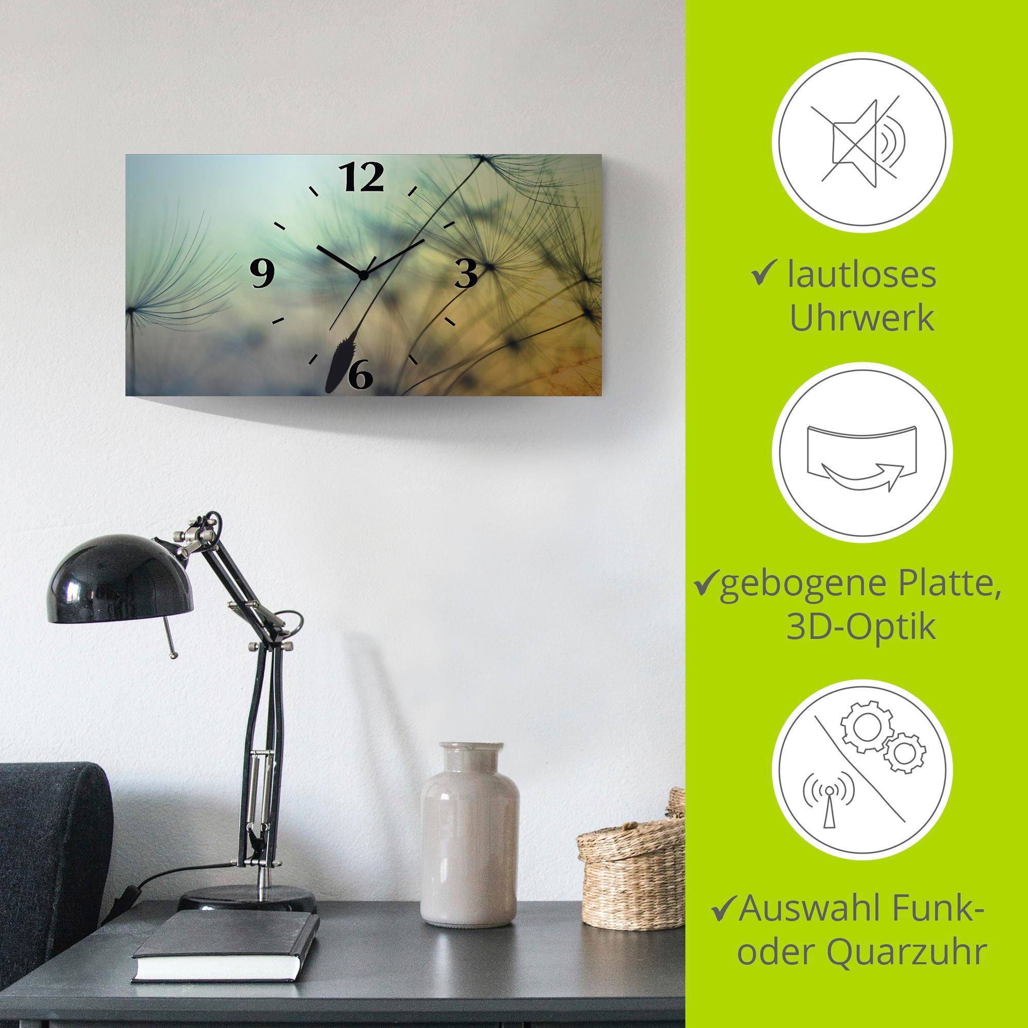 Artland Wanduhr »Goldener Sonnenuntergang und Pusteblumen«, 3D Optik gebogen, mit Quarz- oder Funkuhrwerk, versch. Größen