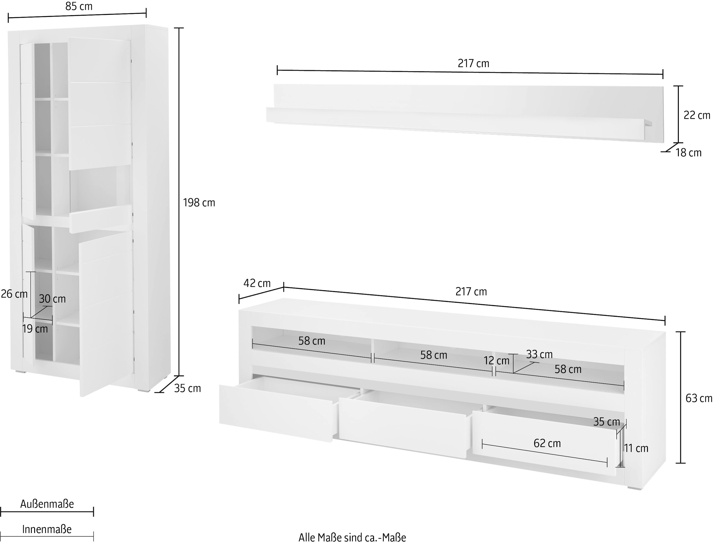 Home affaire Wohnwand »Anbauwand in Weiß Matt, Wohnzimmer-Set mit austauschbarer Blende« Set, 3 Stk. tlg.