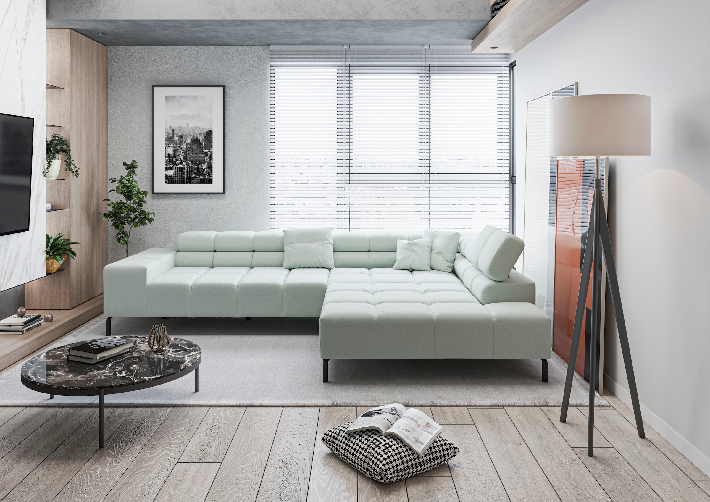 INOSIGN Ecksofa »Ancona New, wahlweise motorische Sitztiefenverstellung, auch Cord«, feine Steppung, mit Kopfteilverstellung, 3 Zierkissen, L-Form