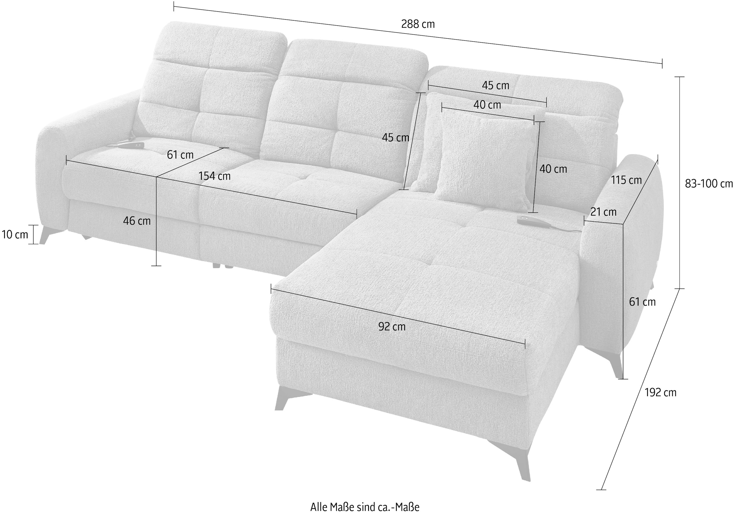 Jockenhöfer Gruppe Ecksofa »Chillout L-Form, B: 288 cm, elektr. Relaxfunktion im Sitz und Ottomane« 140kg Belastbarkeit je Sitz, Kopfteilverstellung & Zierkissen