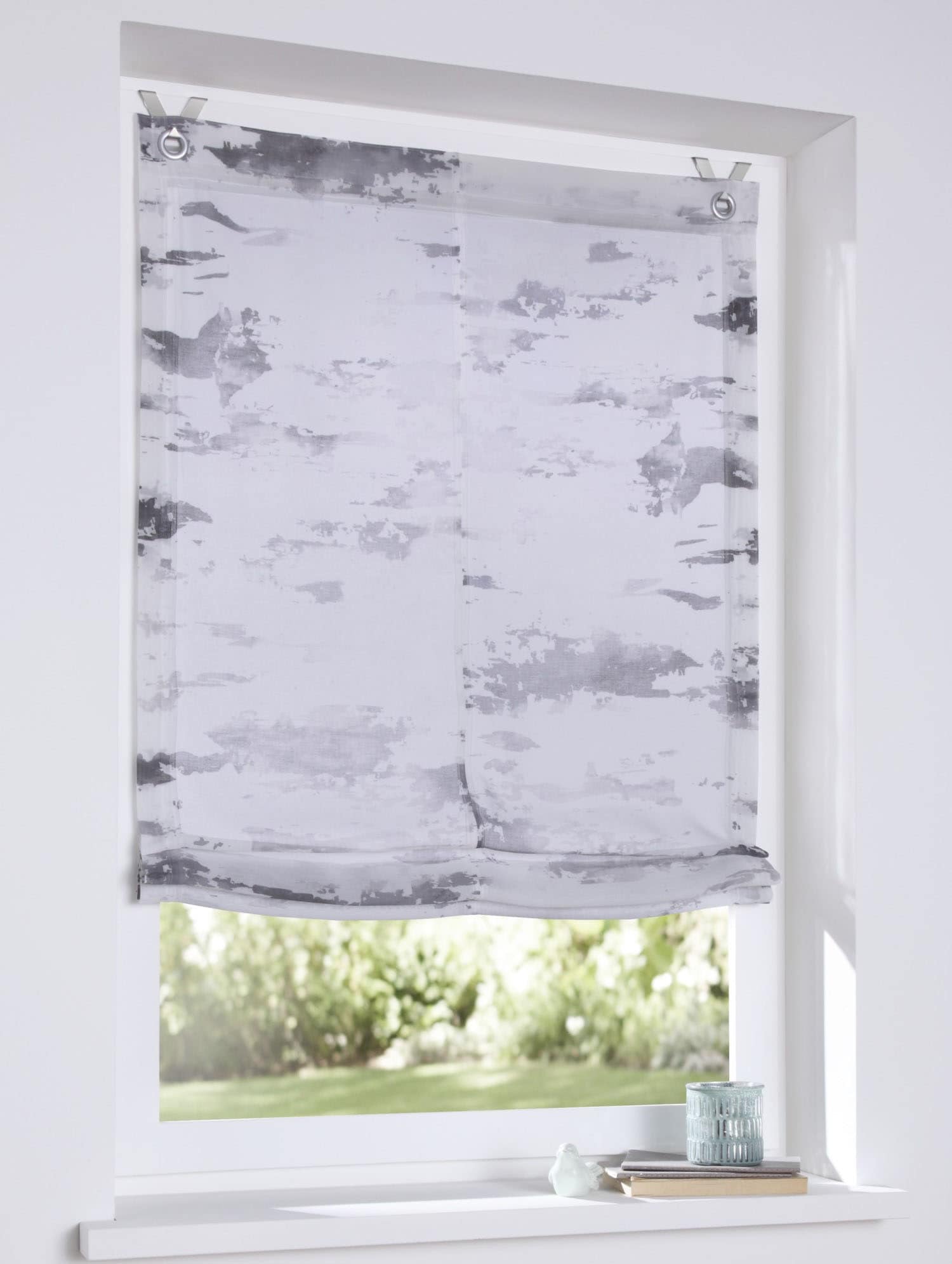 Kutti Raffrollo »Claude«, mit Hakenaufhängung, Polyester, weiß, Fensterhaken ohne halbtransparent, bedruckt, Bohren, mit Führungsschienen, in