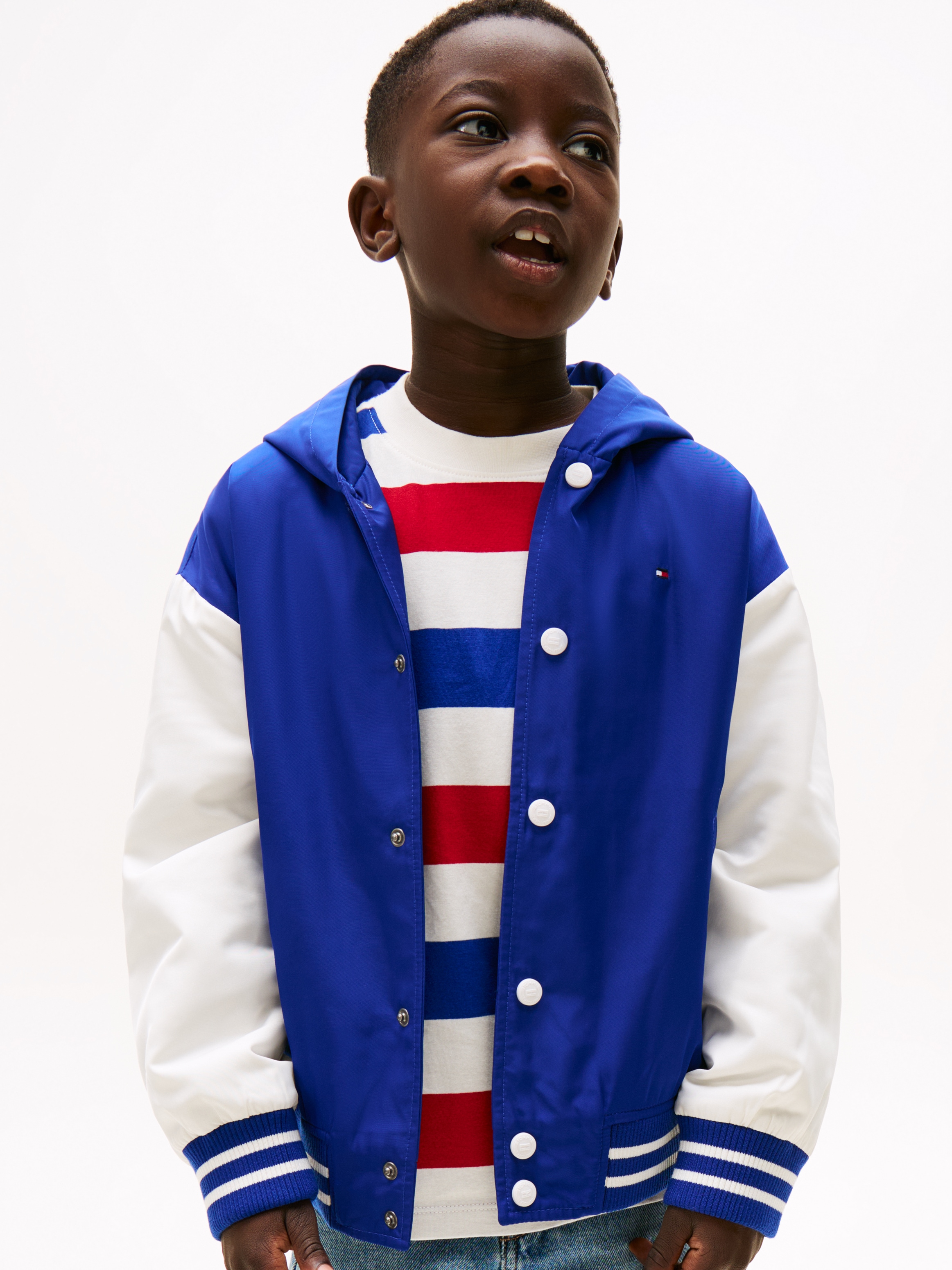 Tommy Hilfiger, Herren, Bomberjacke »HOODED GRAPHIC BOMBER« mit Kapuze mit großem Logo, Kontrast-Streifen, Wedge Blue, 14 (164), Wedge Blue, 