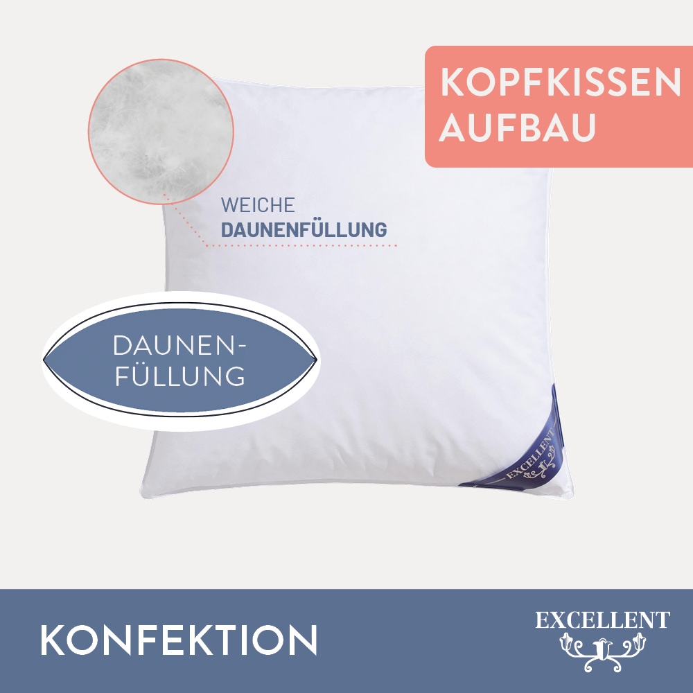 Excellent Federkopfkissen »Venedig «, Füllung: 85% Federn, 15% Daunen, Bezug: 100% Baumwolle, (1 St.), Kissen hergestellt in Deutschland, allergikerfreundlich, In den Größen: 40x40, 50x50, 40x60, 60x60, 40x80, 80x80 cm erhältlich!