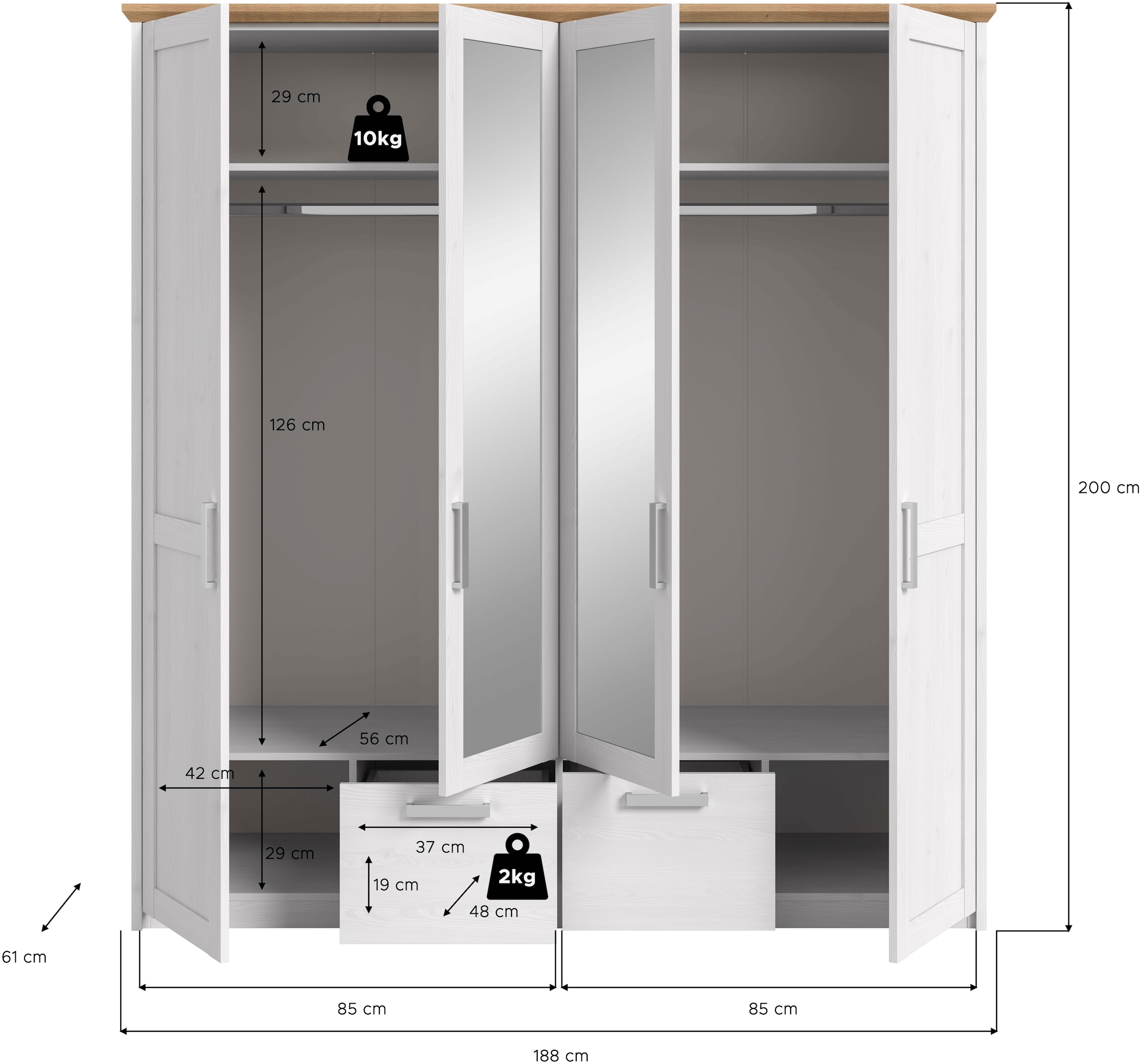 Home affaire Kleiderschrank »COSENZA, Breite 188cm, viel Stauraum, in Landhausoptik« 2 Schubkästen mit Vollauszug, 4 Türen, 2 Kleiderstangen, viel Stauraum,  Schlafzimmerschrank, Schrank, Garderobenschrank
