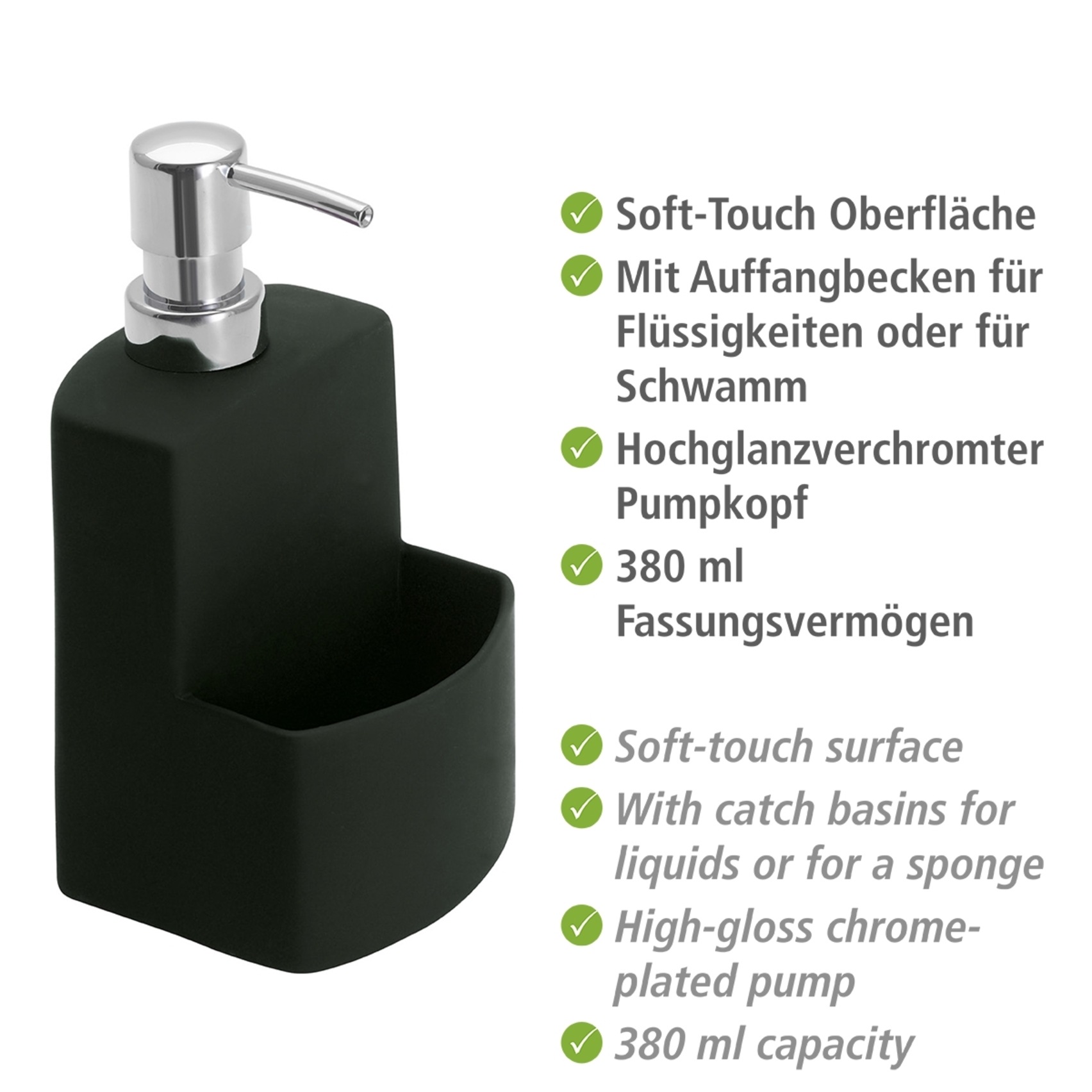 WENKO Spülmittelspender »Modell Festival«, aus Keramik, Soft-Touch Beschichtung, mit Spülschwamm-Fach, 380 ml