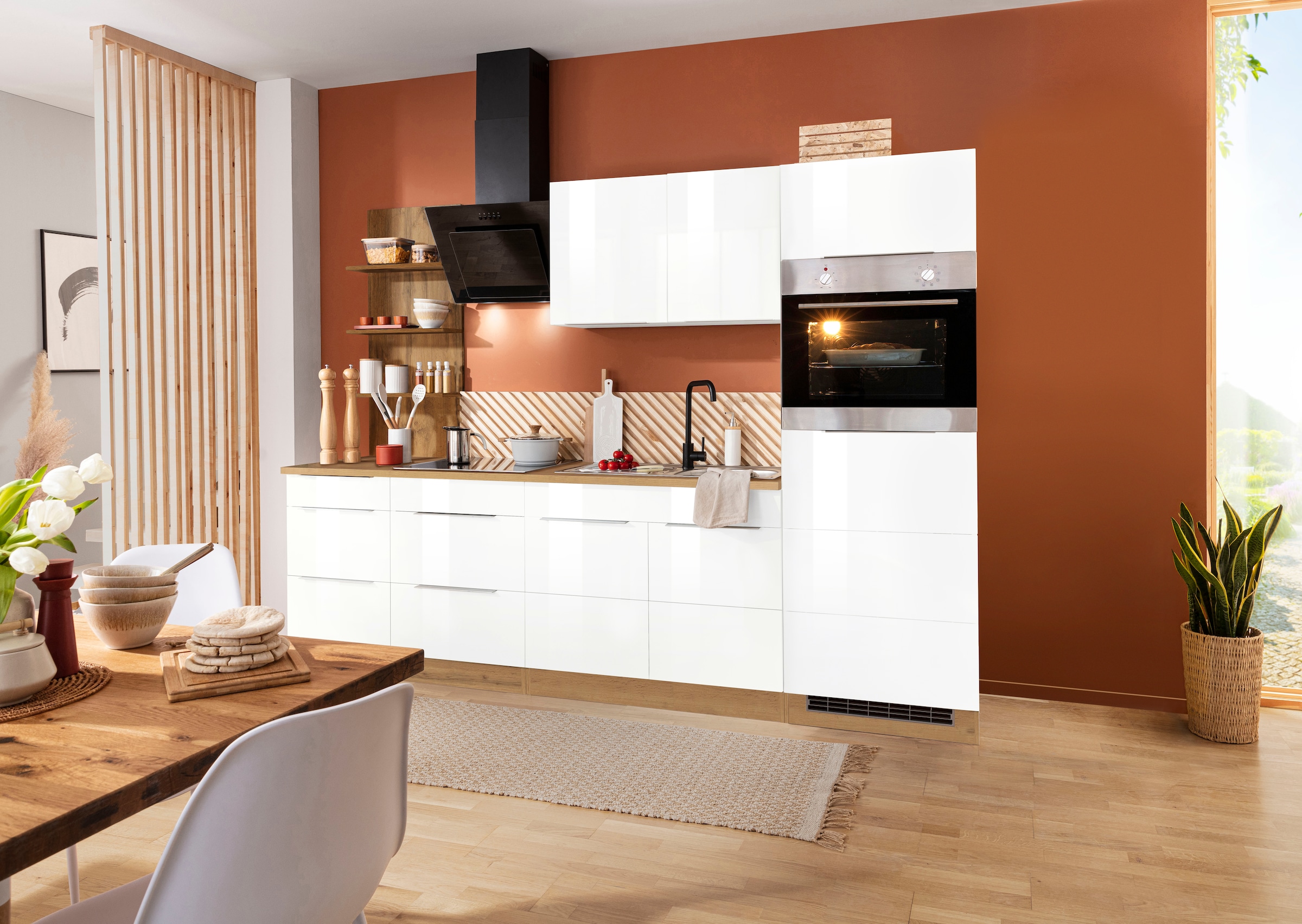 KOCHSTATION Küchenzeile »KS-Brindisi Breite 270 cm« wahlweise mit E-Geräten und Induktion, mit MDF-Fronten und Regal