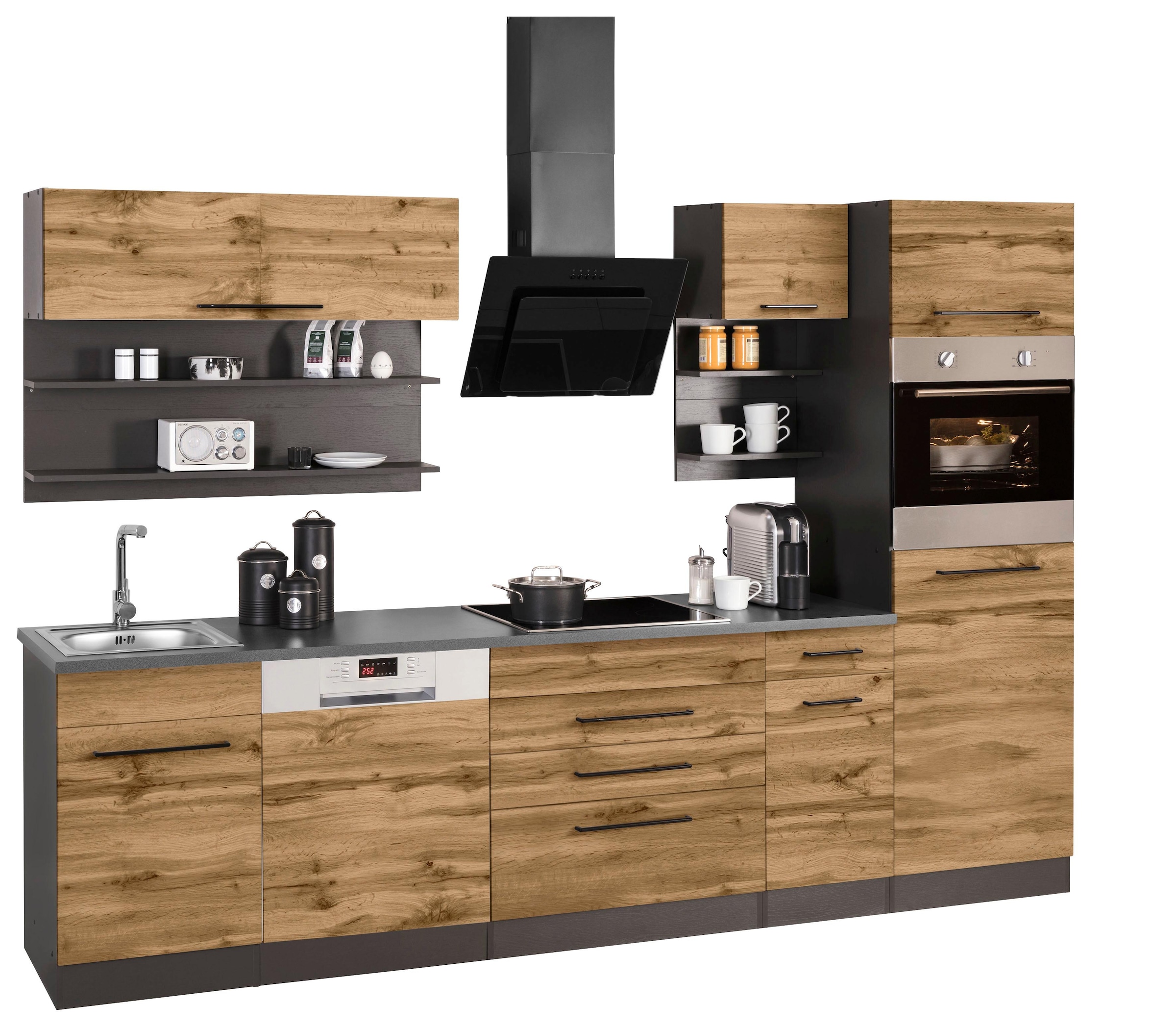 KOCHSTATION Küchenzeile »KS-Tulsa« ohne E-Geräte, Breite 290 cm, schwarze Metallgriffe, MDF Fronten
