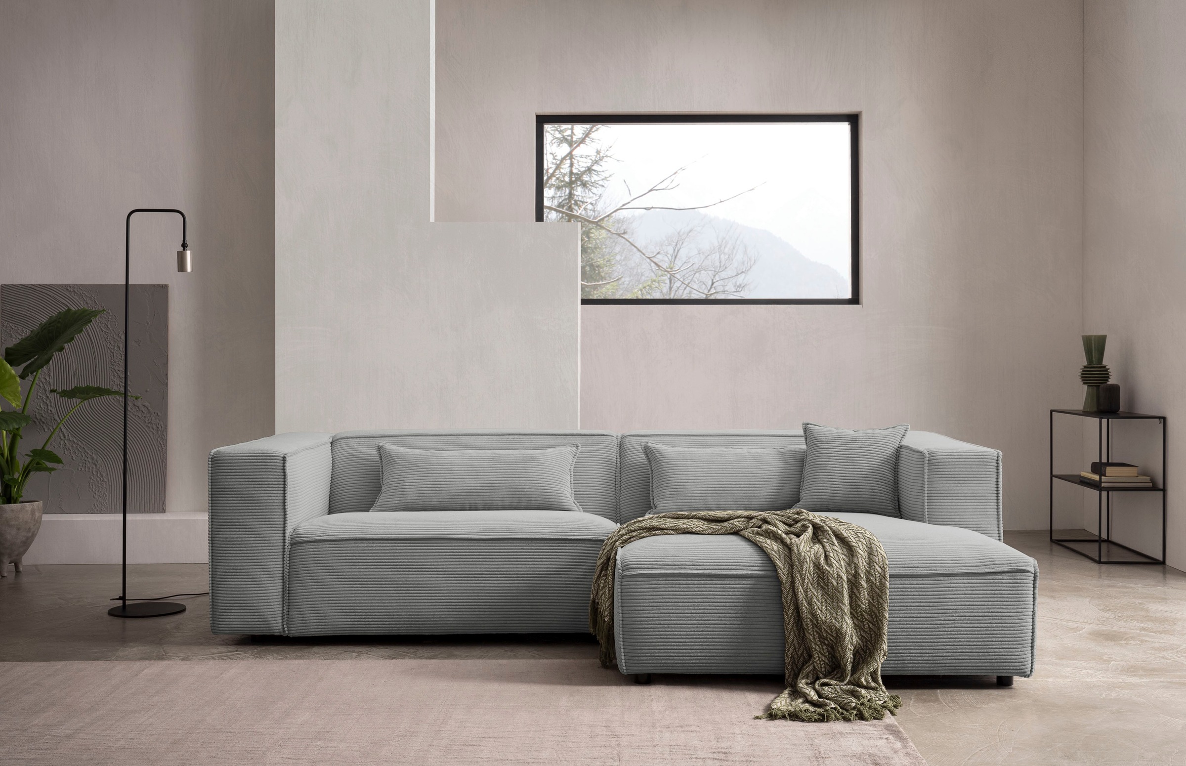 LeGer Home by Lena Gercke Ecksofa »PIARA mit Kedernaht in Cord oder Leinenoptik, moderne Couch in L-Form«, wahlweise Ottomane rechts/links, schwarze Füße, bequemer Sitzkomfort