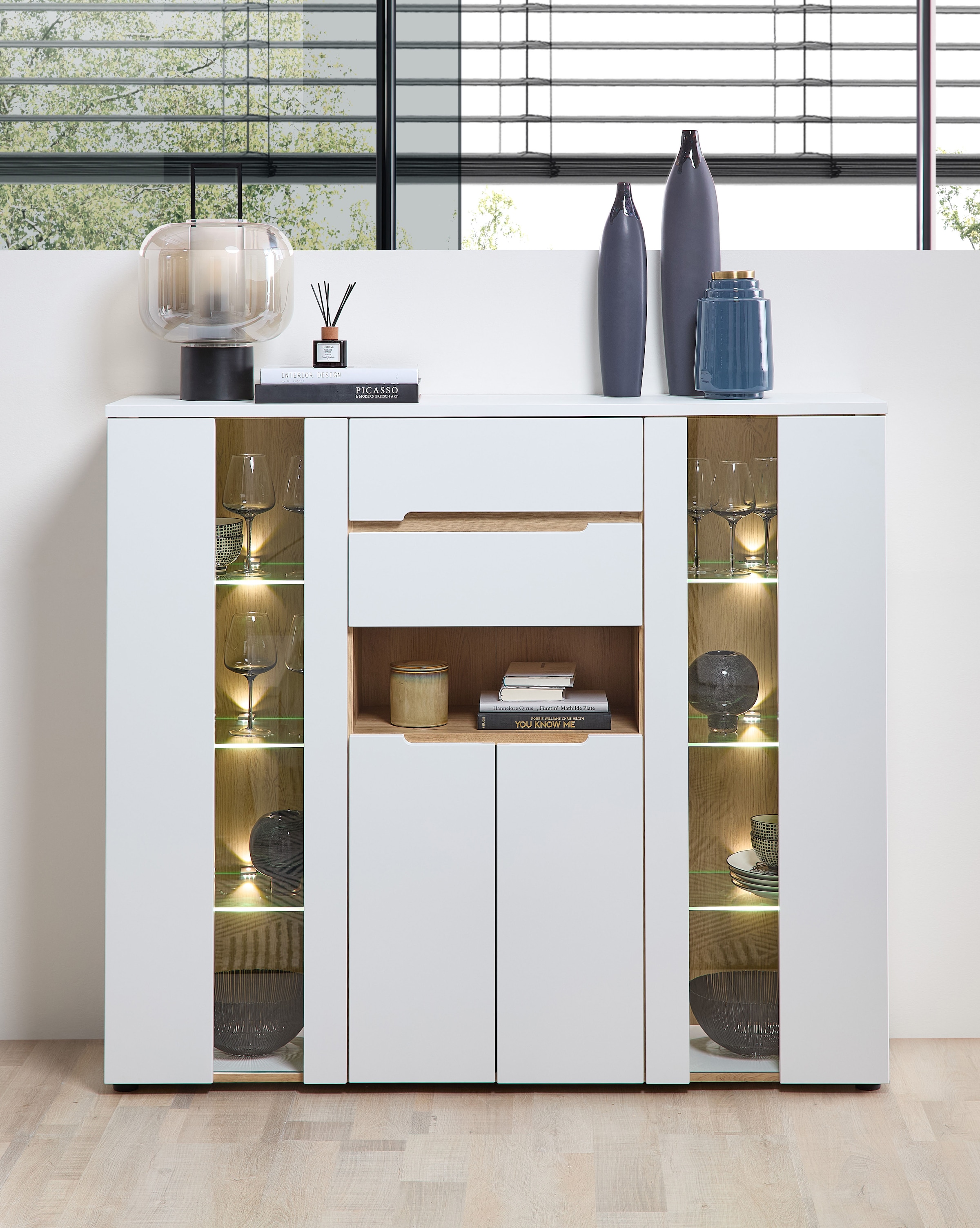 Innostyle Highboard »Memphis Highboard, 145x127x38cm (B/H/T)«, (1 St.), 4 türig, 2 Schubkasten, LED-Beleuchtung, Soft-Close