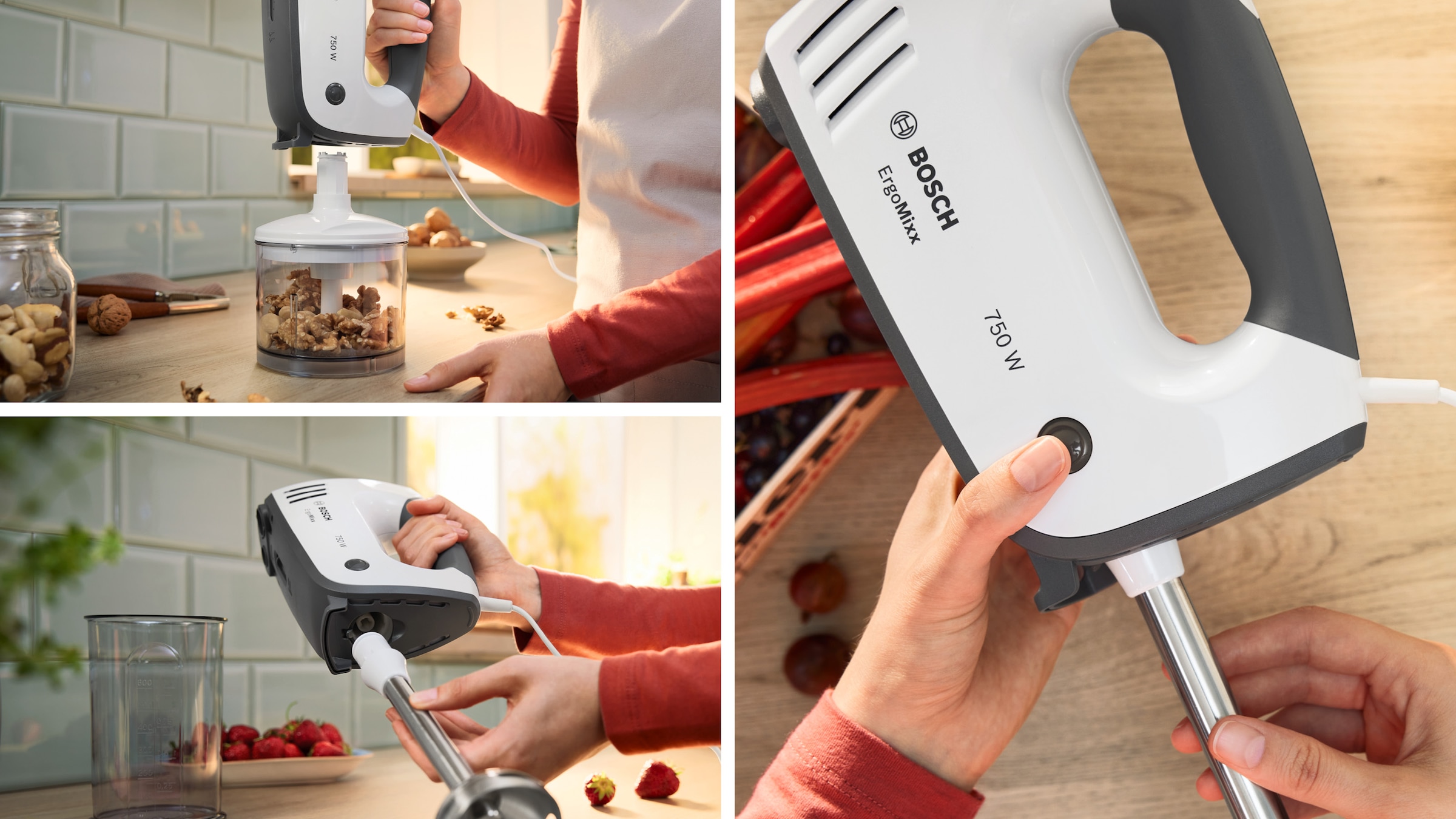 BOSCH Handmixer »ErgoMixx MFQ37480, Edelst. Rührbesen/Knethaken, Mixfuß, weiß/grau«, 750 W, Zerkleinerer, Becher, 5 Stufen, Turbotaste, Made in Europe