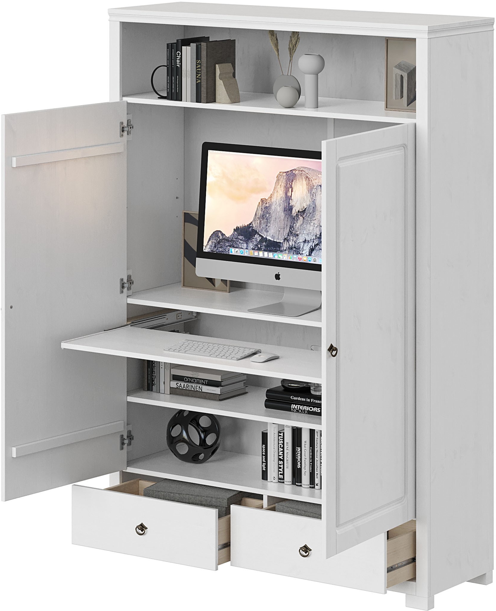 OTTO home Wäscheschrank »Clarius, Neuheit! Smarter ALLESKÖNNER, Mehrzweckschrank, Büroschrank«, (H/B/T ca. 180/125/40cm), mit Ausziehregal, Schublade, stabil + langlebig, Massivholz made in EU