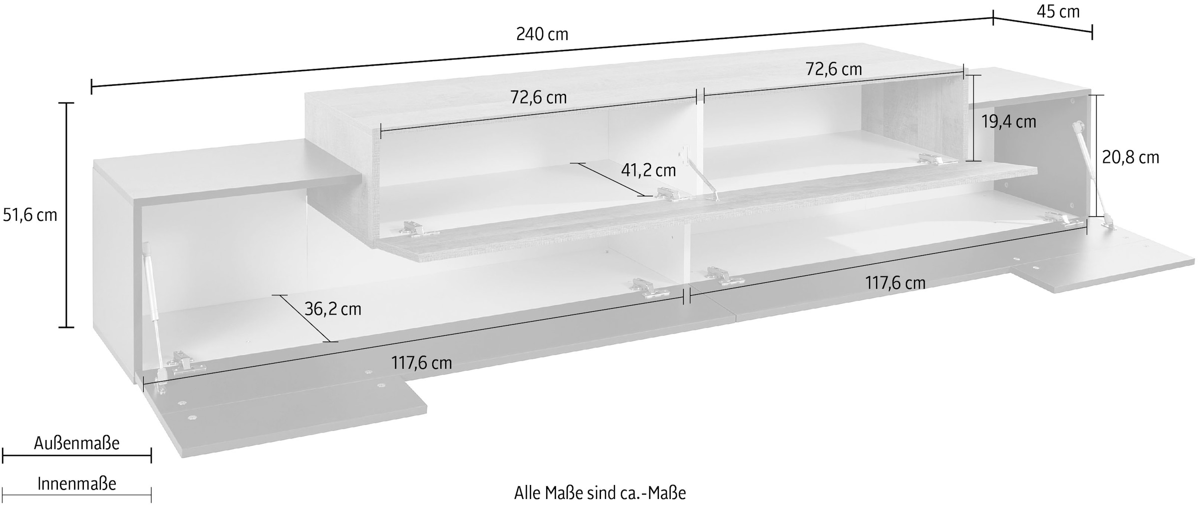 INOSIGN Lowboard »Coro,Lowboard,TV-Kommode,TV-Möbel,TV-Bank«, mit 3 Klappen, (B/T/H) 240x45x51,6 cm