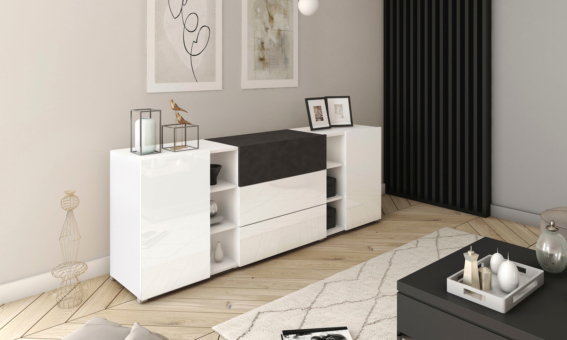 INOSIGN Sideboard »BERLIN«, Moderne grifflose Kommode Breite 190 cm, offene Fächern/ Schubladen
