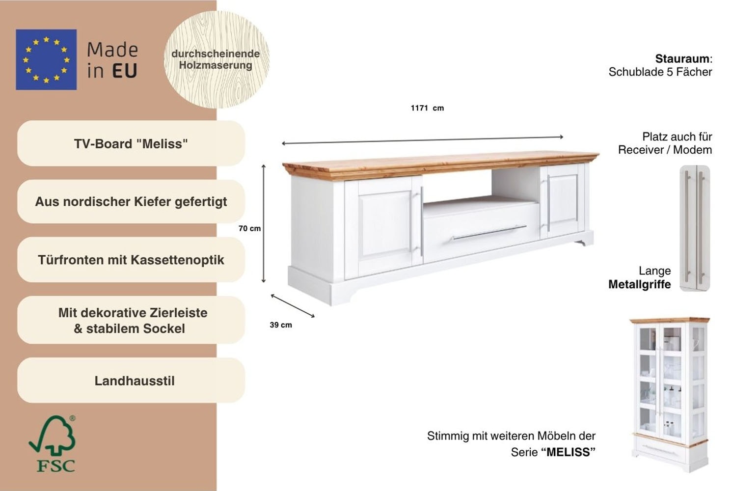 OTTO home TV-Board »Melissa« Lowboard, 2-türig, Breite 171 cm, Kiefer massiv, FSC®